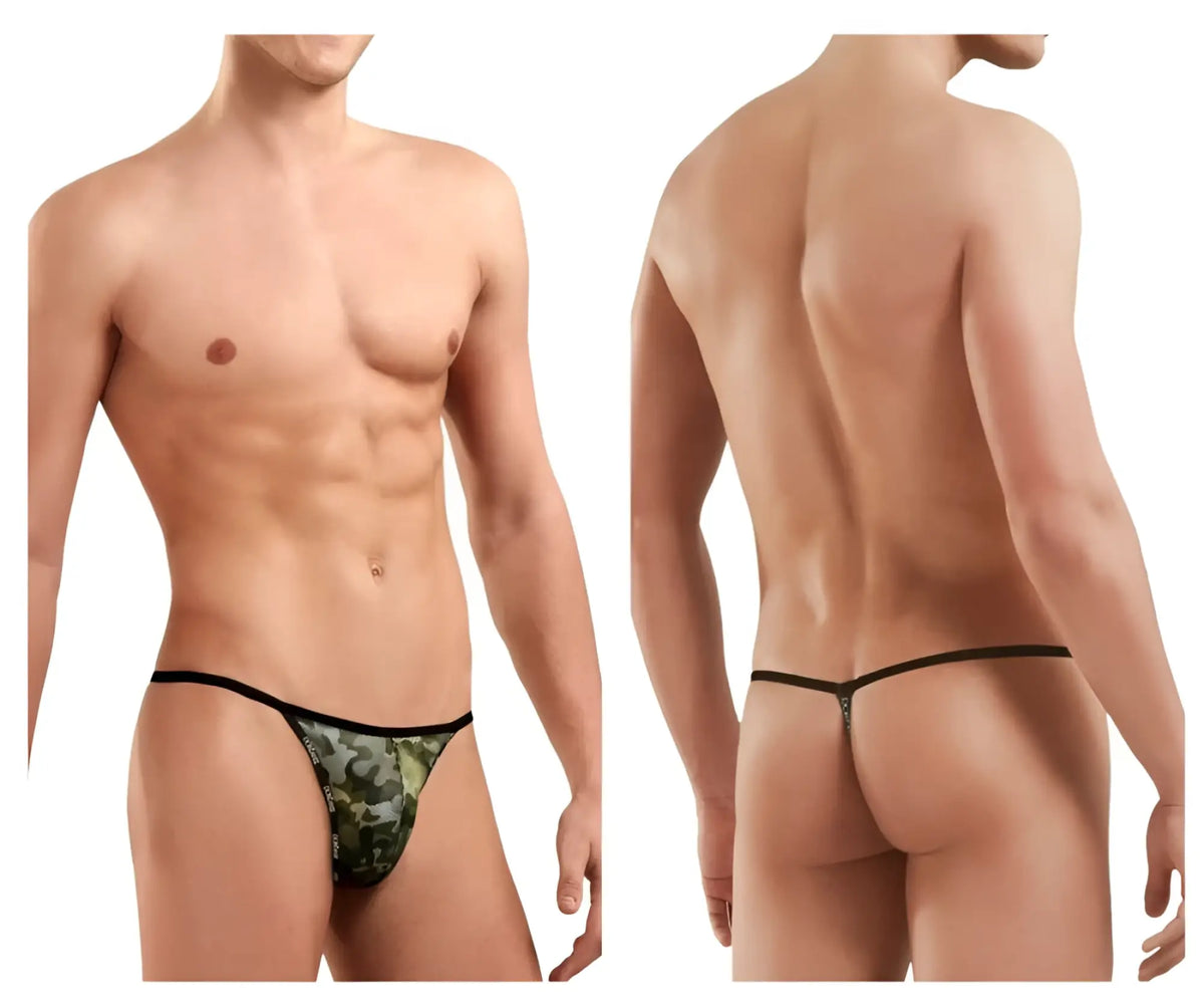 Back view of doreanse 1326-cam flashy g-string in green camouflage pattern with black trim and metallic zipper