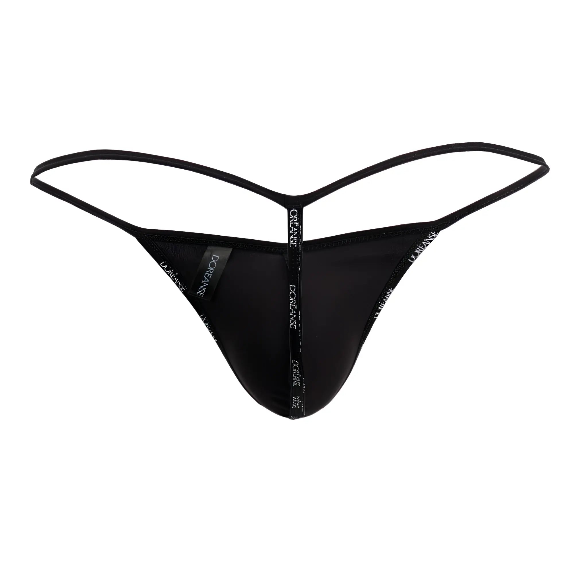 Black doranse 1326-MIC flashy microfibre g-string thong with thin adjustable straps and white doriane logo band