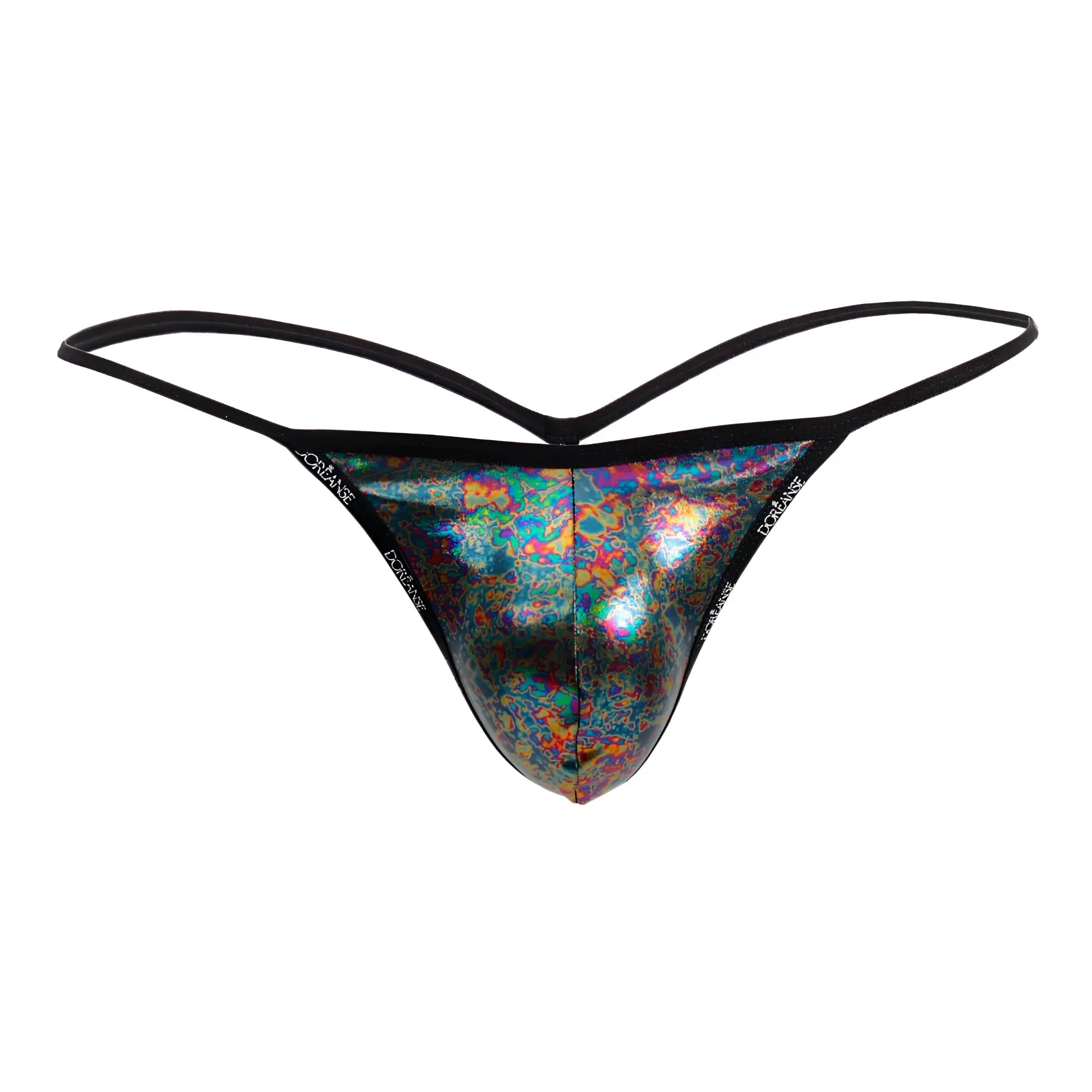 Doreanse 1326-MIC flashy g-string thong with shimmering holographic iridescent pattern and black elastic straps back side