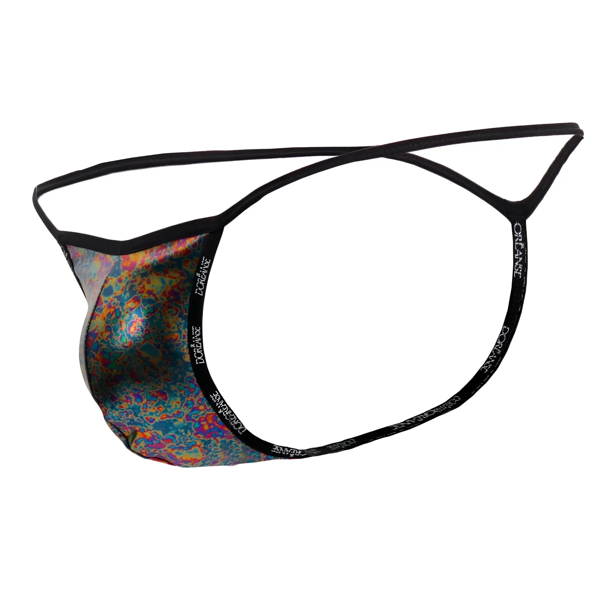 Vibrant iridescent rainbow patterned doranse 1326-mic flashy g-string thong with black elastic bands visible from back