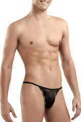 Black lace thong g-string with subtle pattern and doreanse logo on the side in black panther color