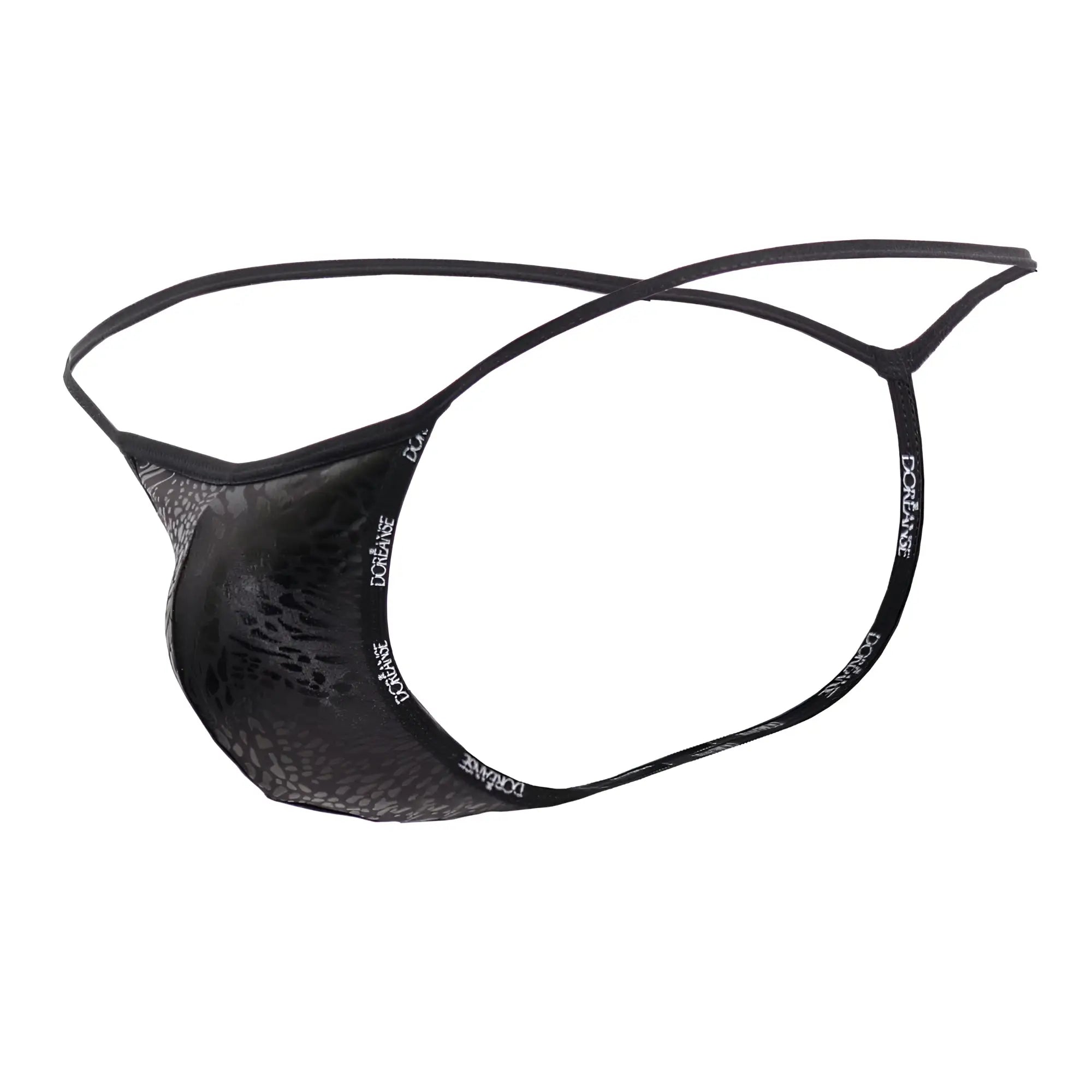 Black lace thong with subtle pattern and dongane brand name on elastic bands in doreanse 1326-PAN flashy g-string black panther