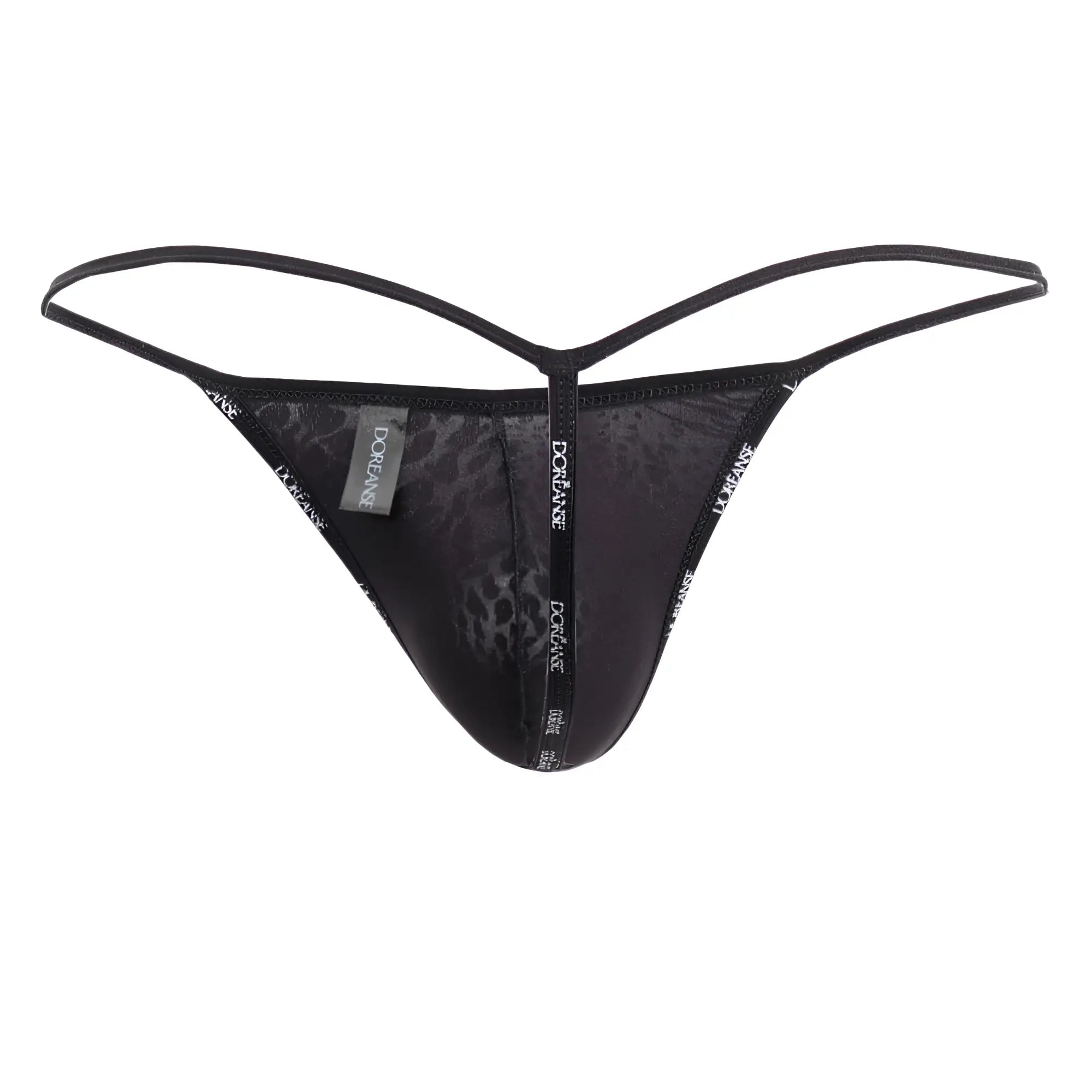 Black leopard-print thong with thin adjustable straps and branded tag by Doreanse in black panther color