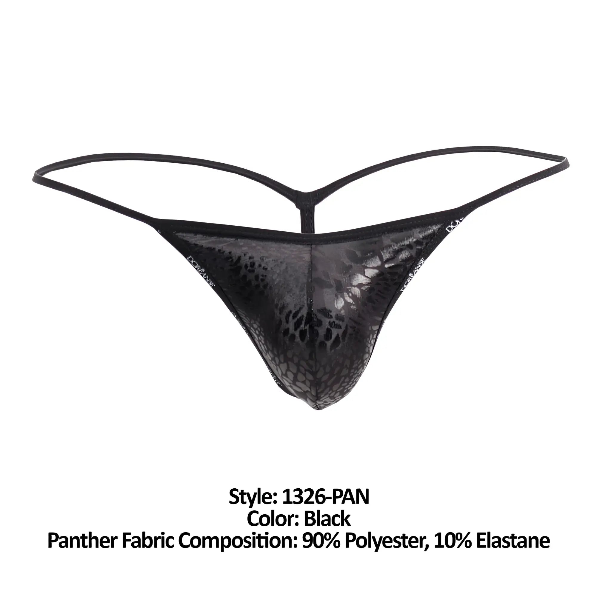 Black thong g-string with glossy panther print and thin supportive straps by doreanse model 1326-PAN flashy black panther