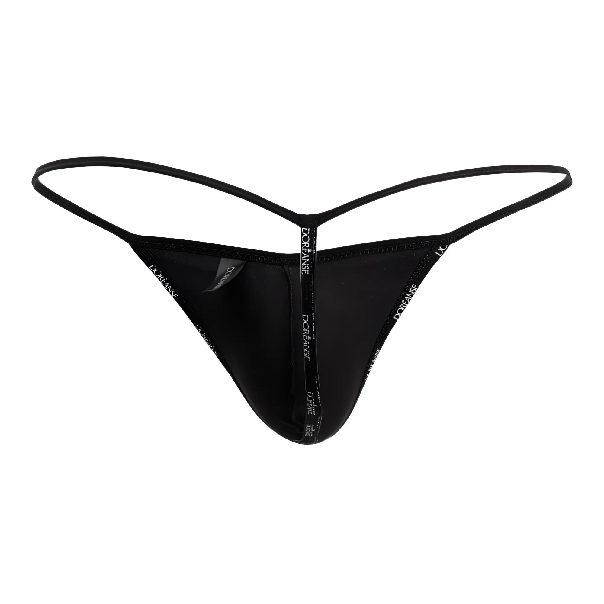 Black thong with thin elasticated straps and central seam featuring dochanse brand name in royal blue color