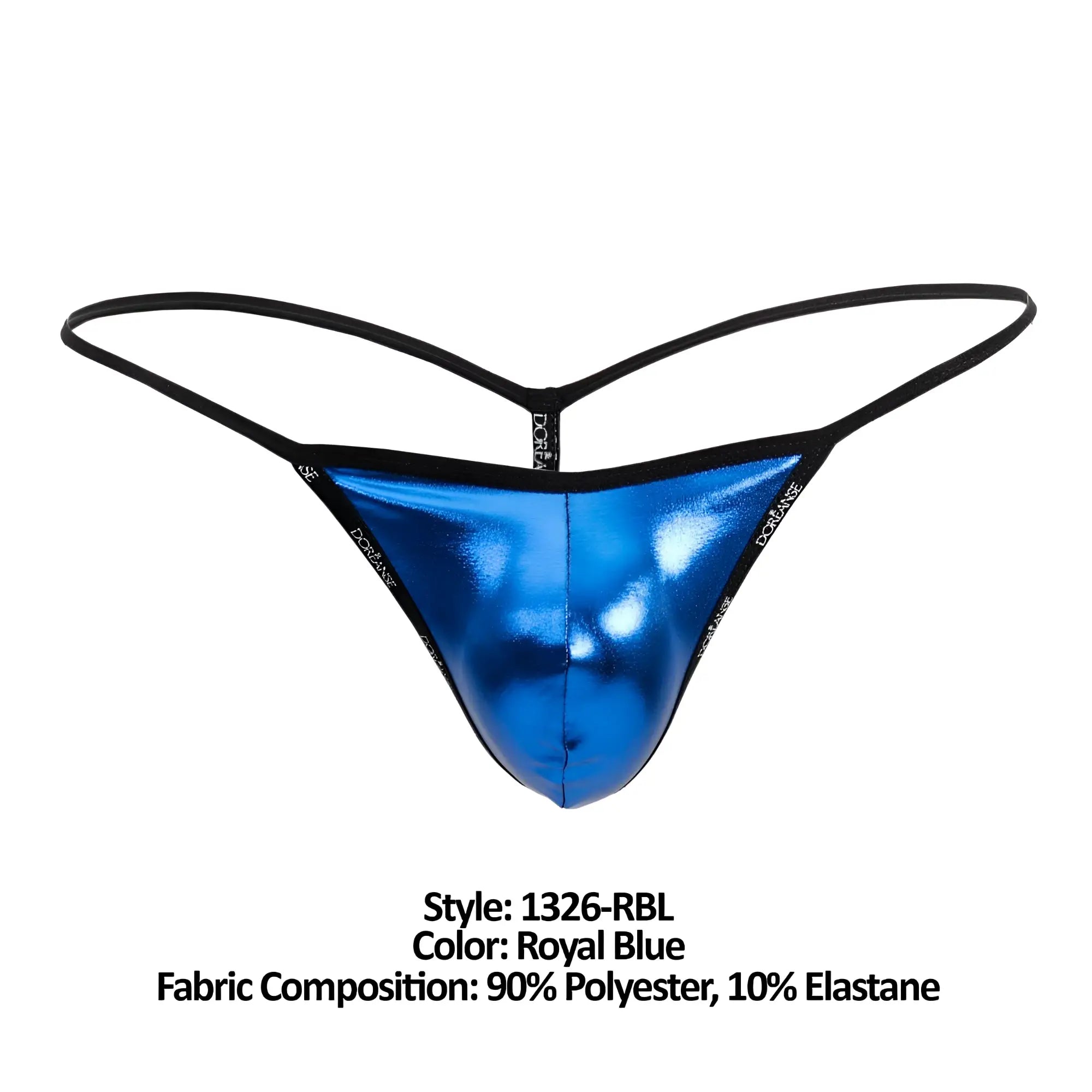 Royal blue metallic thong with black elastic straps and doriane branding from doreanse 1326-rbl flashy g-string collection
