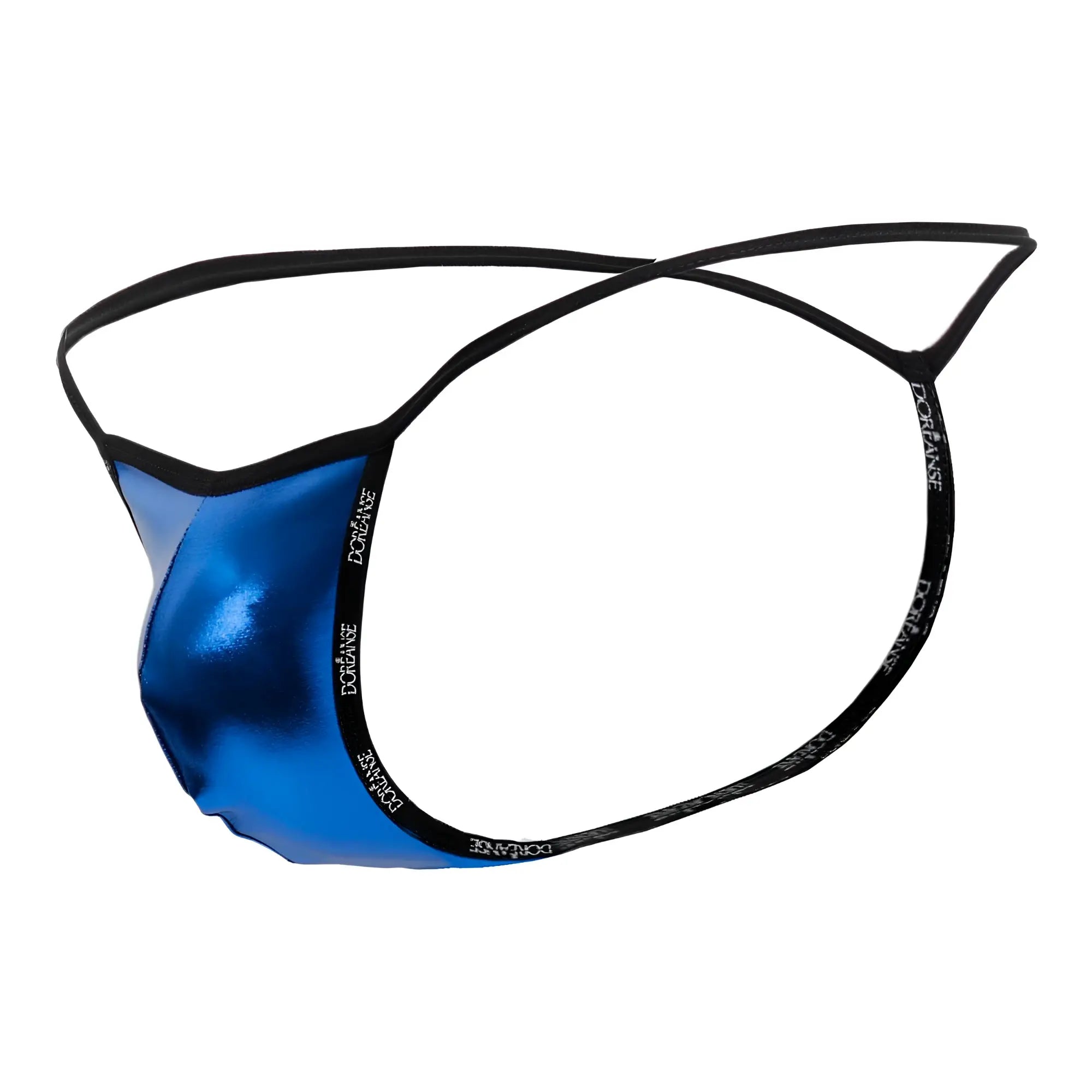 Blue metallic thong g-string with black elastic straps and doriane branding in royal blue by doreanse