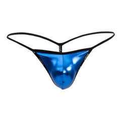 Shiny blue metallic Doreanse 1326-RBL flashy g-string with black elastic straps and branded logo edges front view