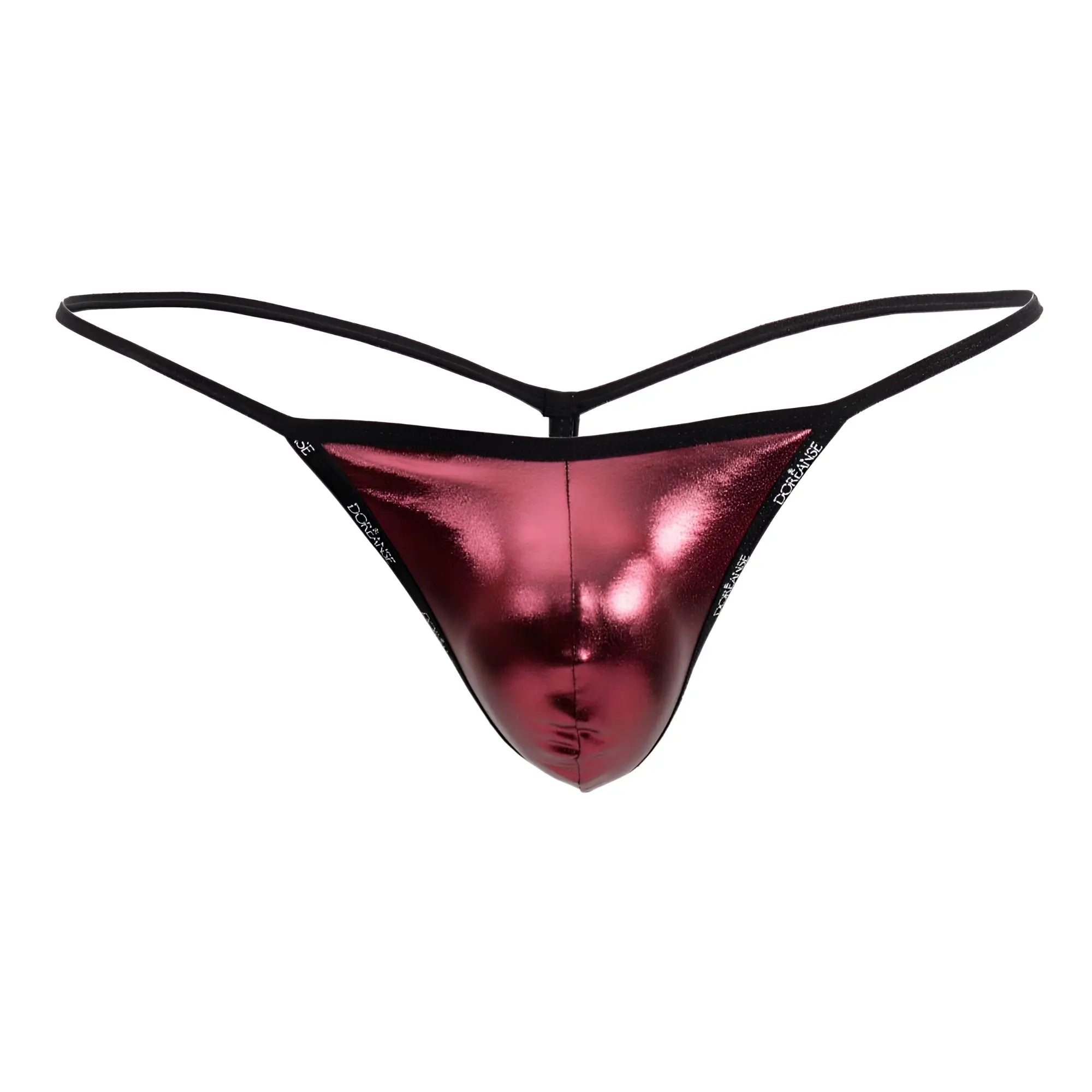 Shiny metallic red thong with black elastic straps and trim from doreanse 1326-rro flashy g-string royal rose