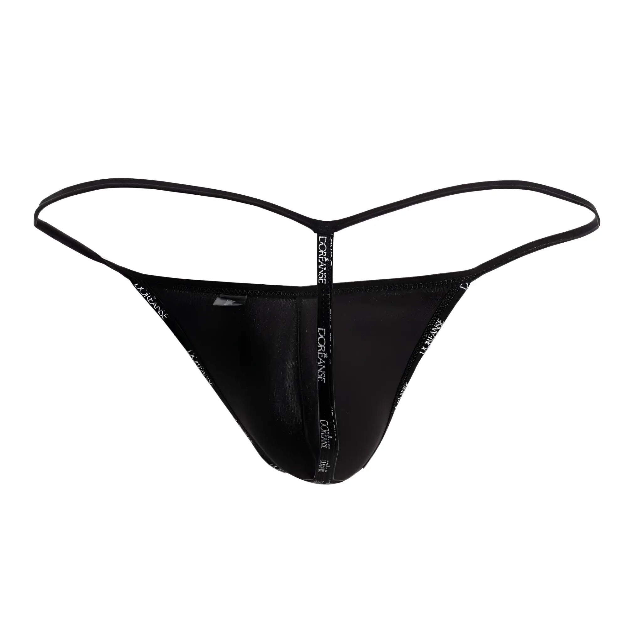Black thong with sheer mesh front and thin straps featuring doriane brand name in center seam doreanse 1326 sbk