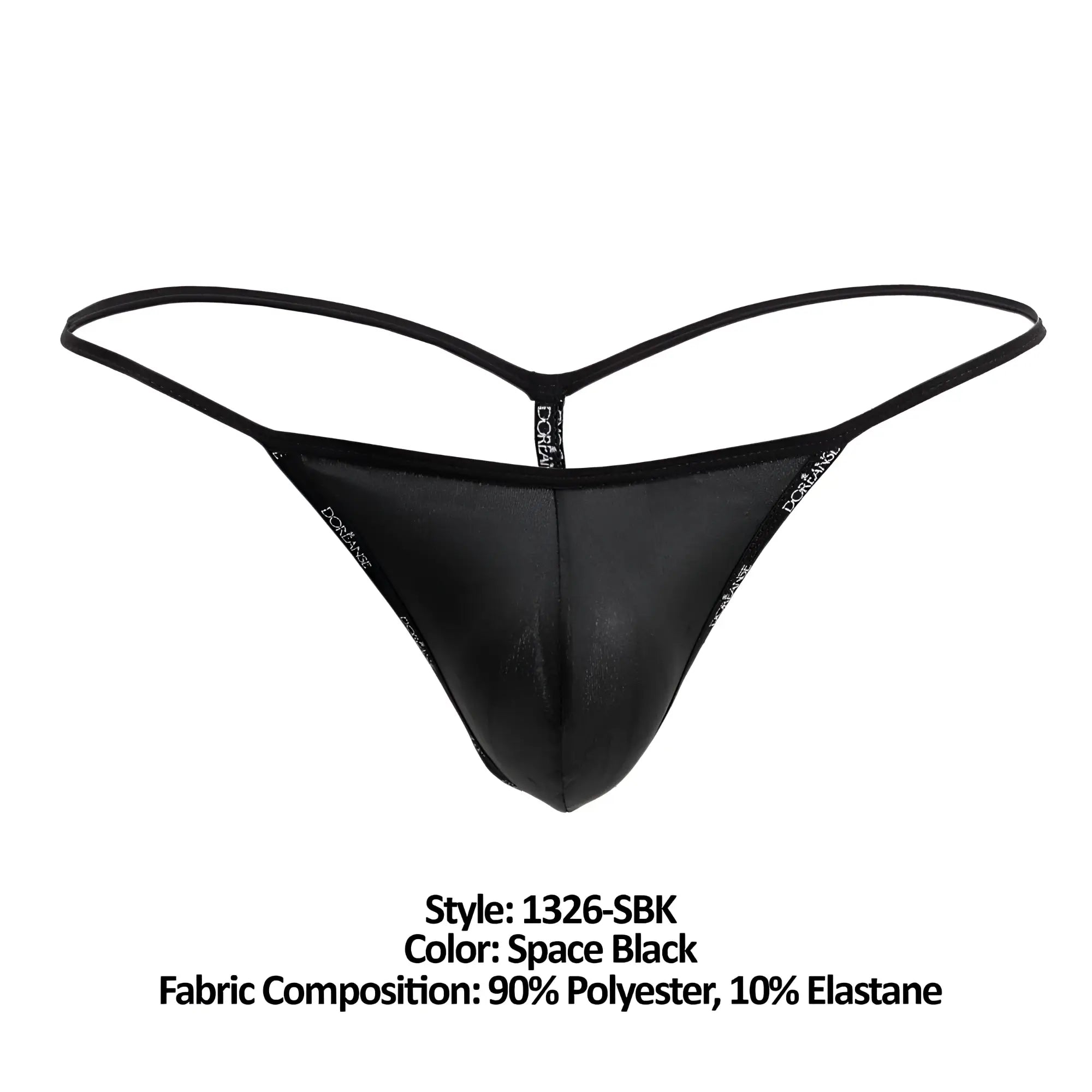Doreanse 1326-sbk flashy g-string in space black with sleek glossy finish and thin elastic straps shown from the back