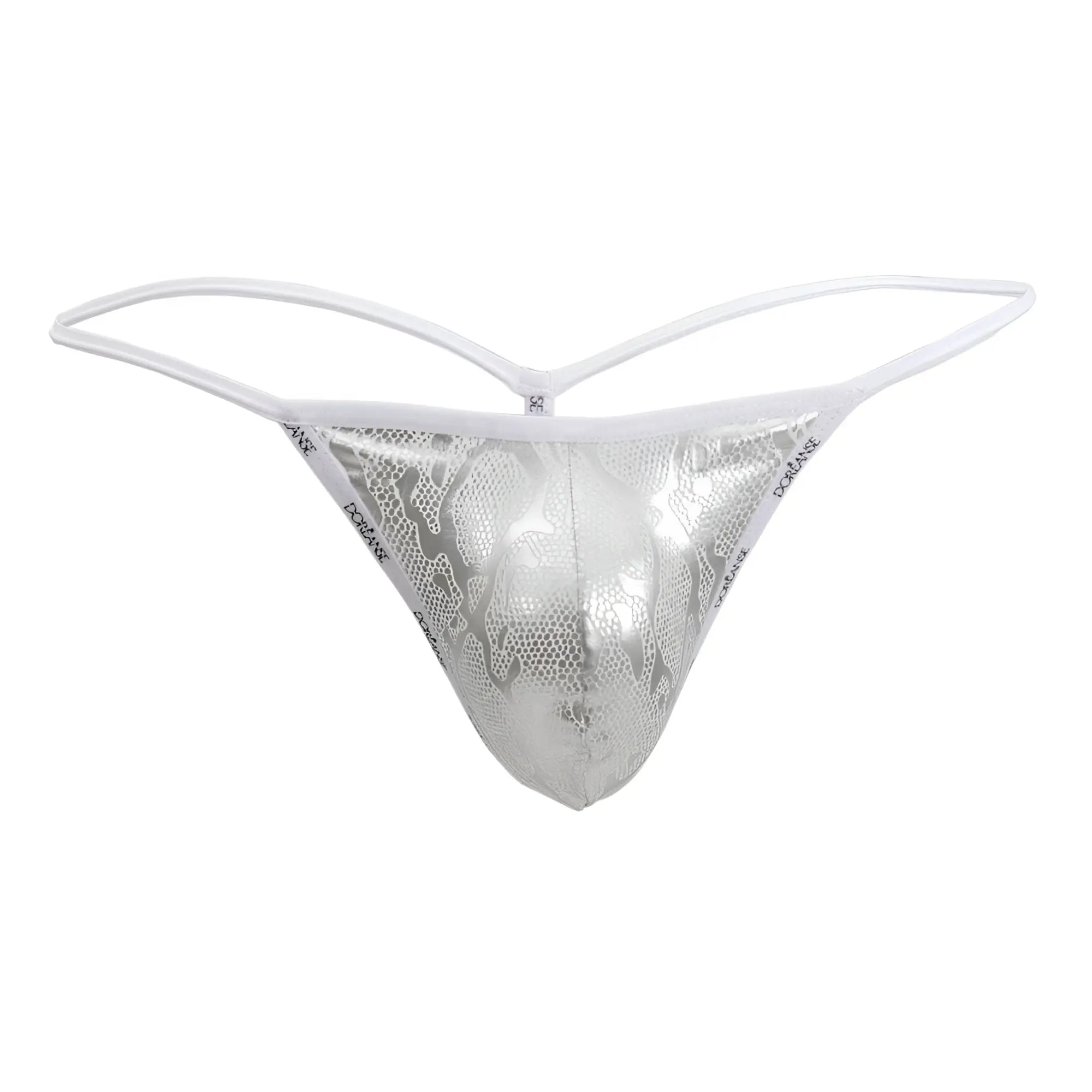 Silver metallic thong with snakeskin pattern and white elastic straps from doreanse 1326-slv flashy g-string collection