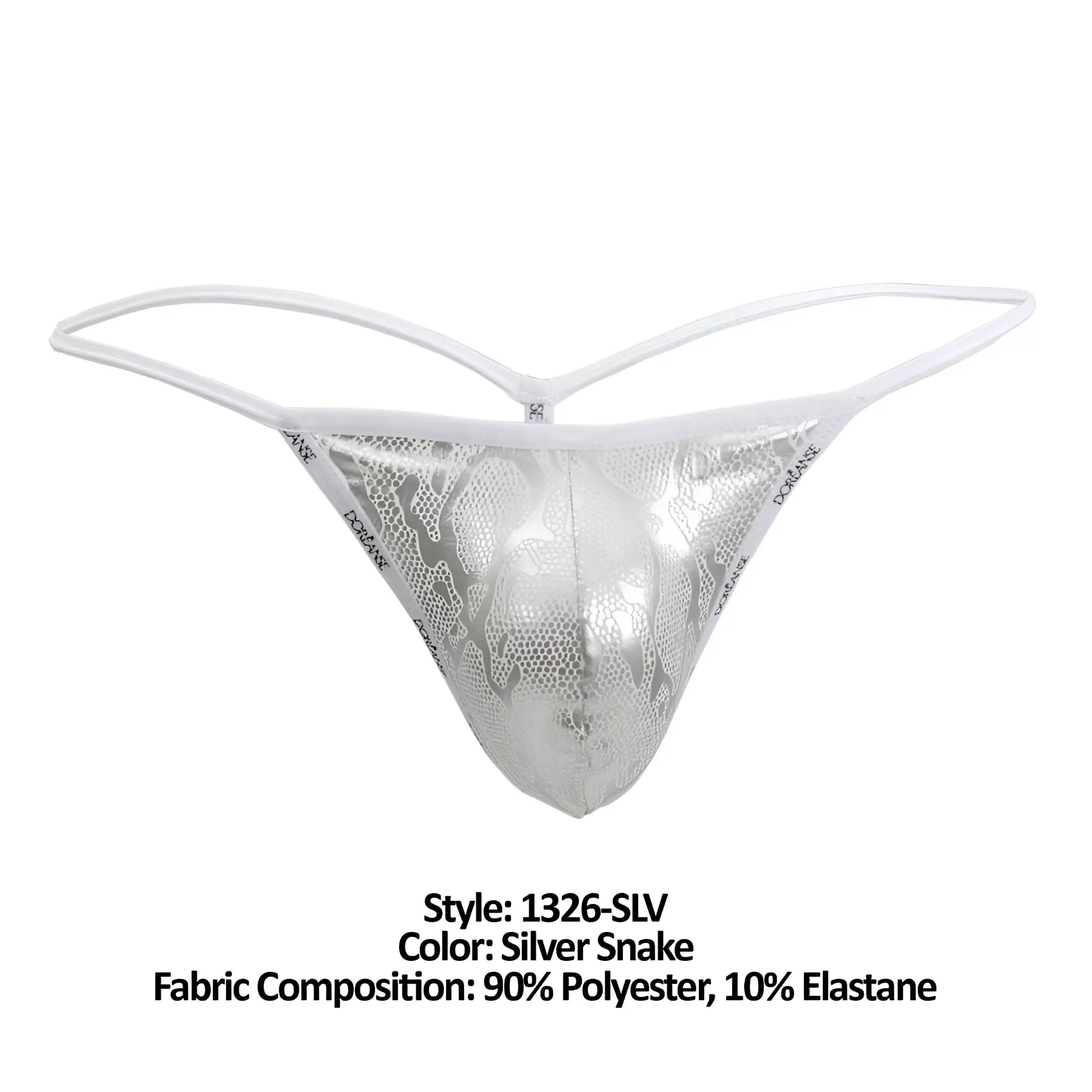 Silver snake-patterned thong with white elastic straps from doreanse 1326-slv flashy g-string collection