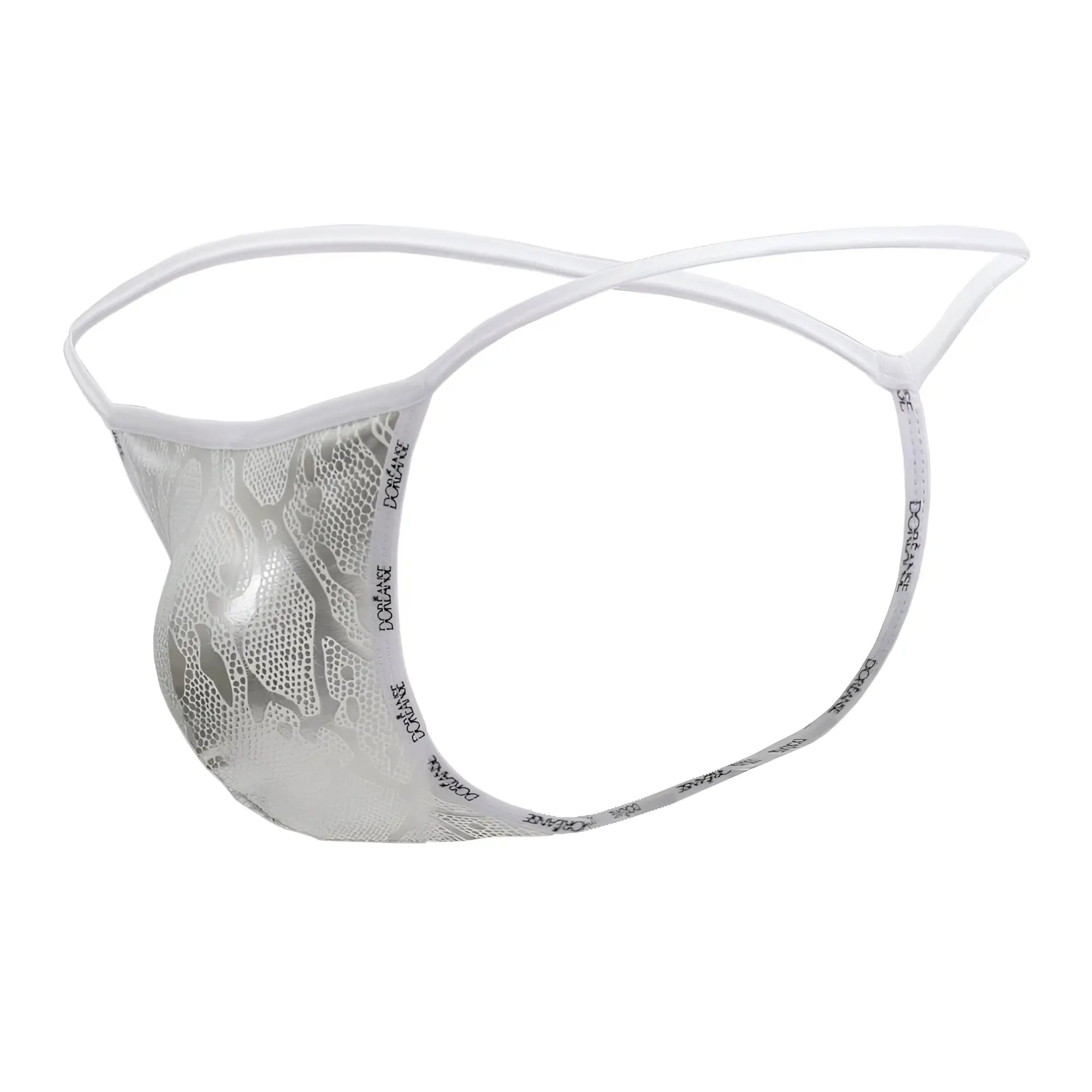 White lace thong with silver mesh pattern and Doreanse branded elastic bands in silver snake color front view