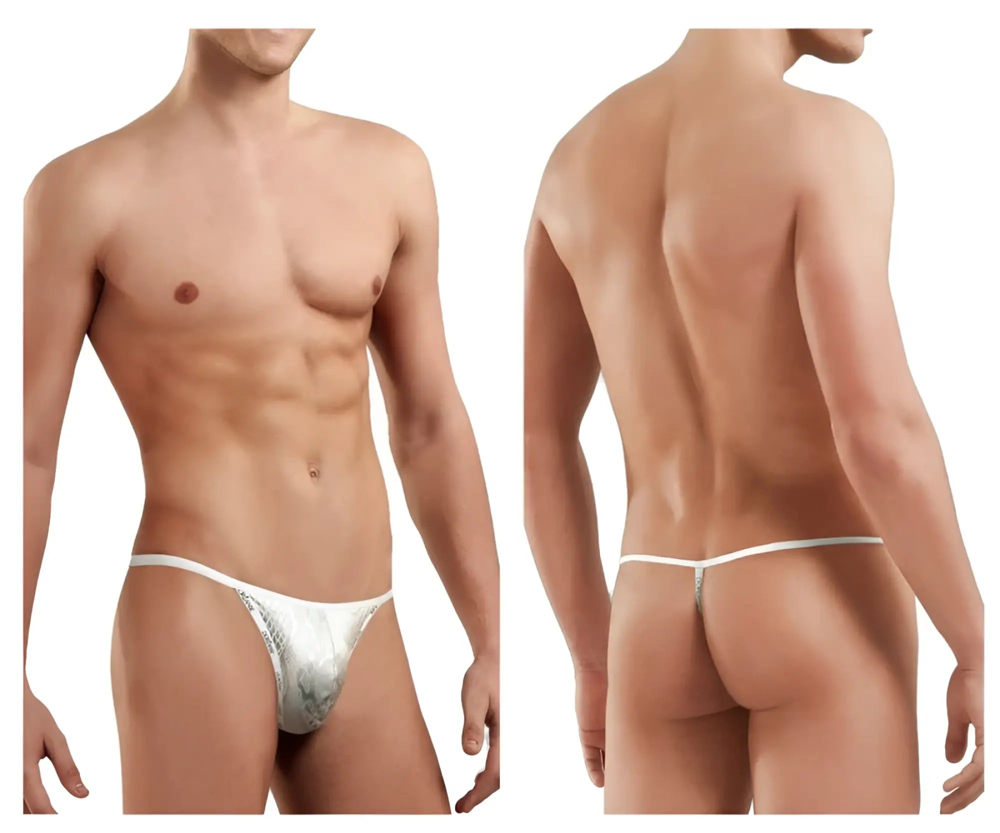 Silver doreansee 1326-slv flashy g-string thong with white metallic snakeskin pattern and thin waistband front view