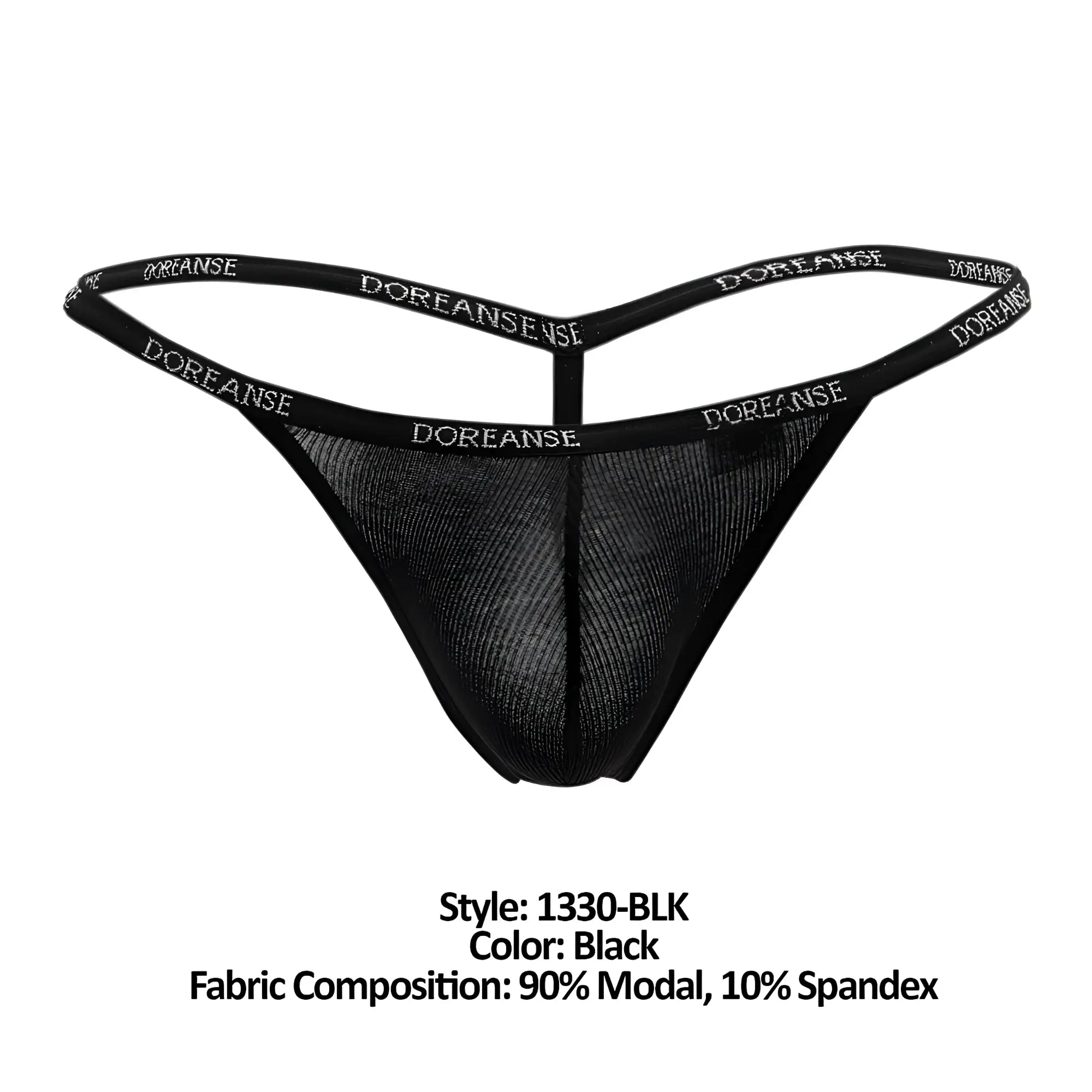 Black doreanse 1330-blk ribbed modal t-thong with mesh front and elastic waistband featuring brand name in white lettering