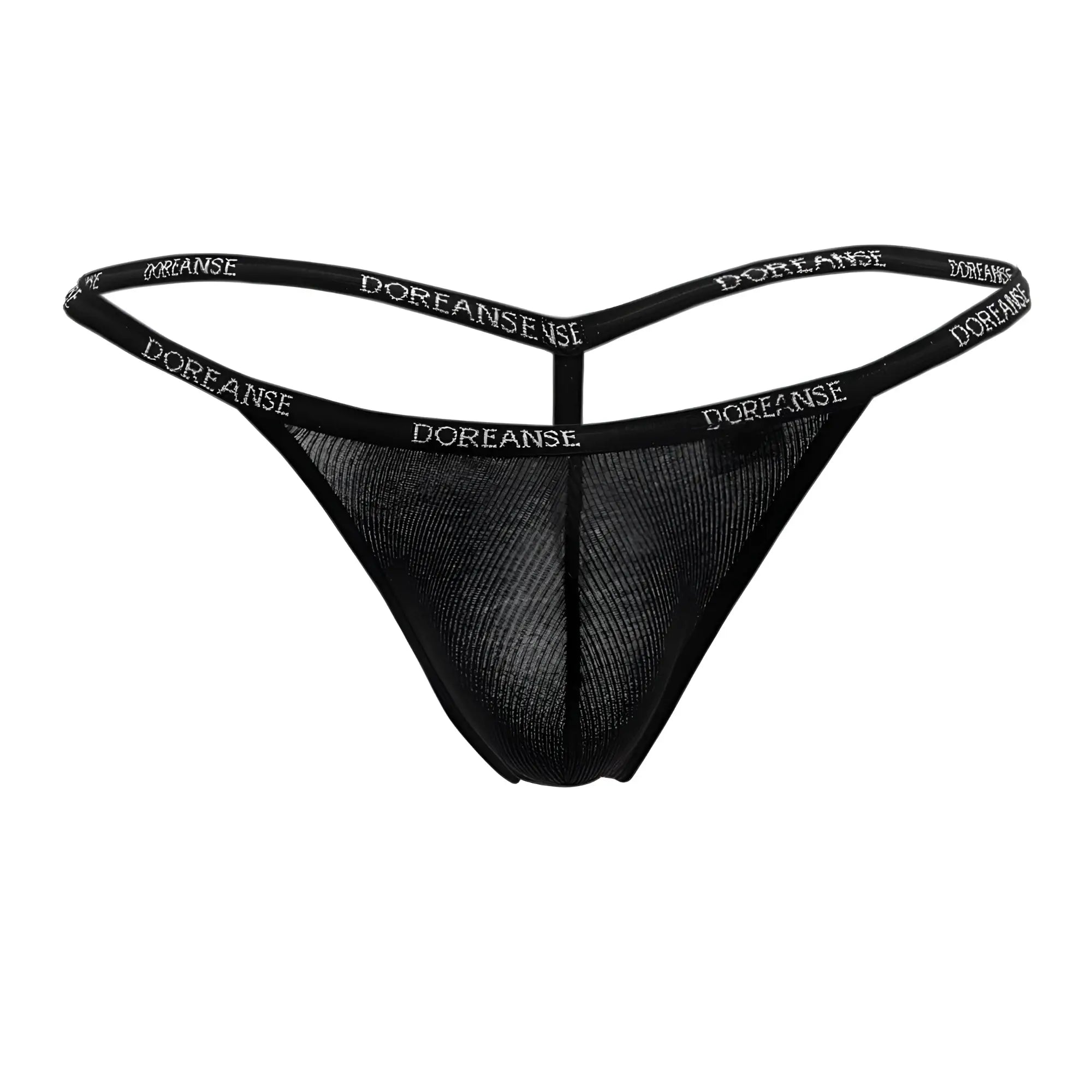 Black mesh ribbed modal t thong with doreansense branded elastic waistband showing the back side of the product