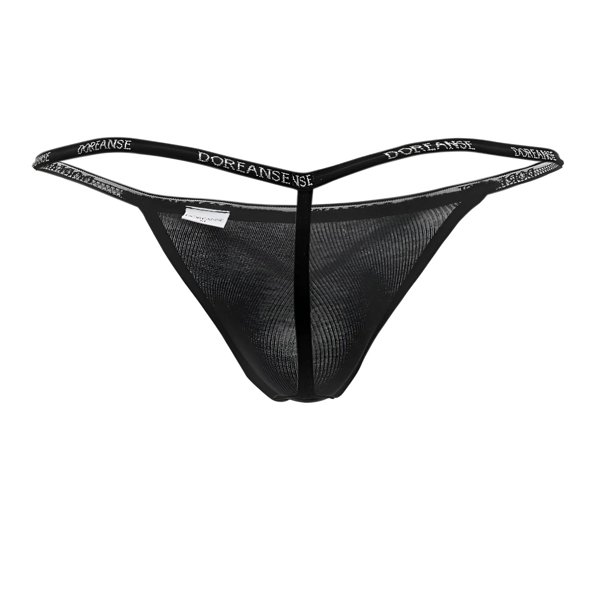 Black mesh ribbed modal t thong with dorfanse branded elastic waistband showing back side details