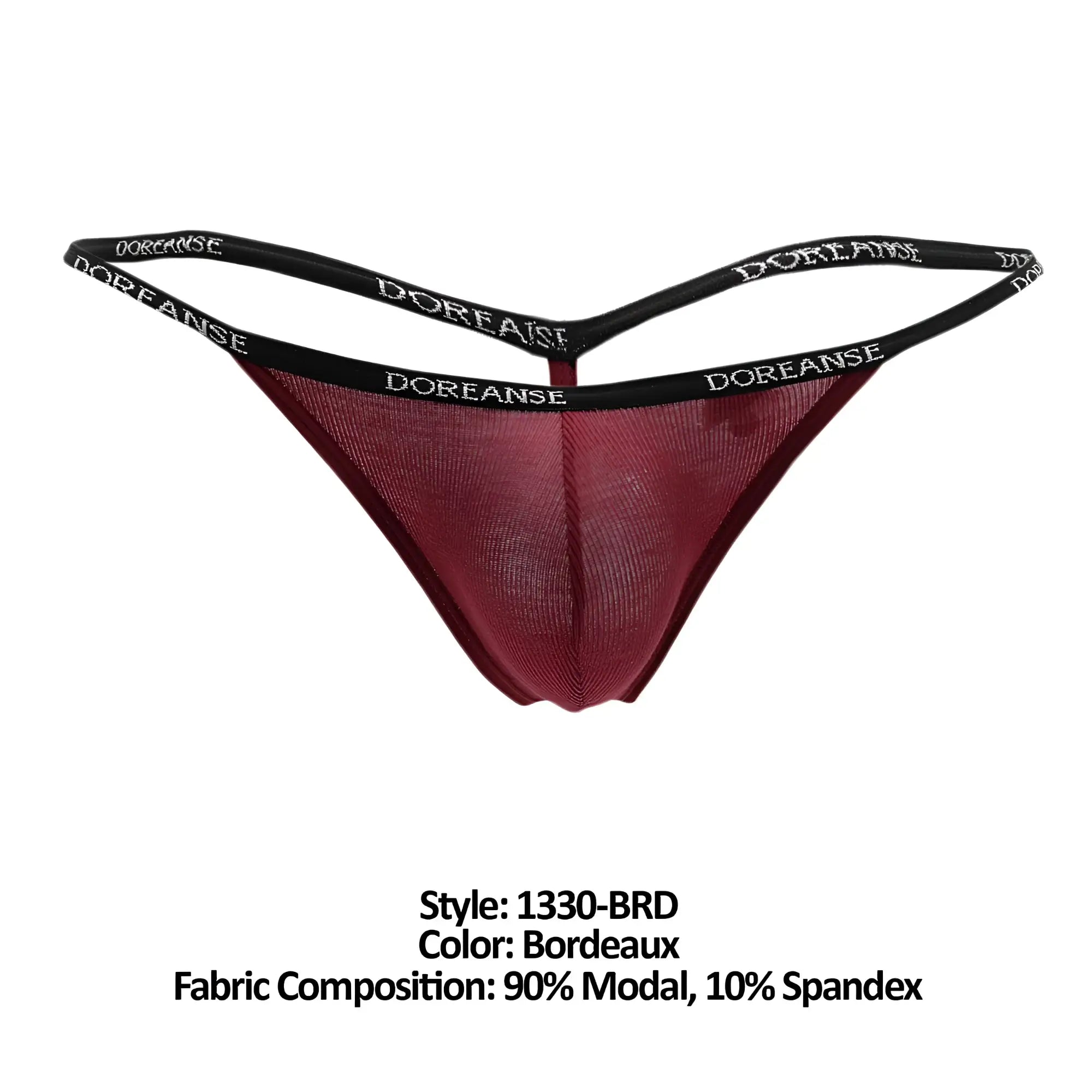 Bordeaux-colored doreanse 1330-brd ribbed modal thong with black elastic waistband featuring white brand lettering