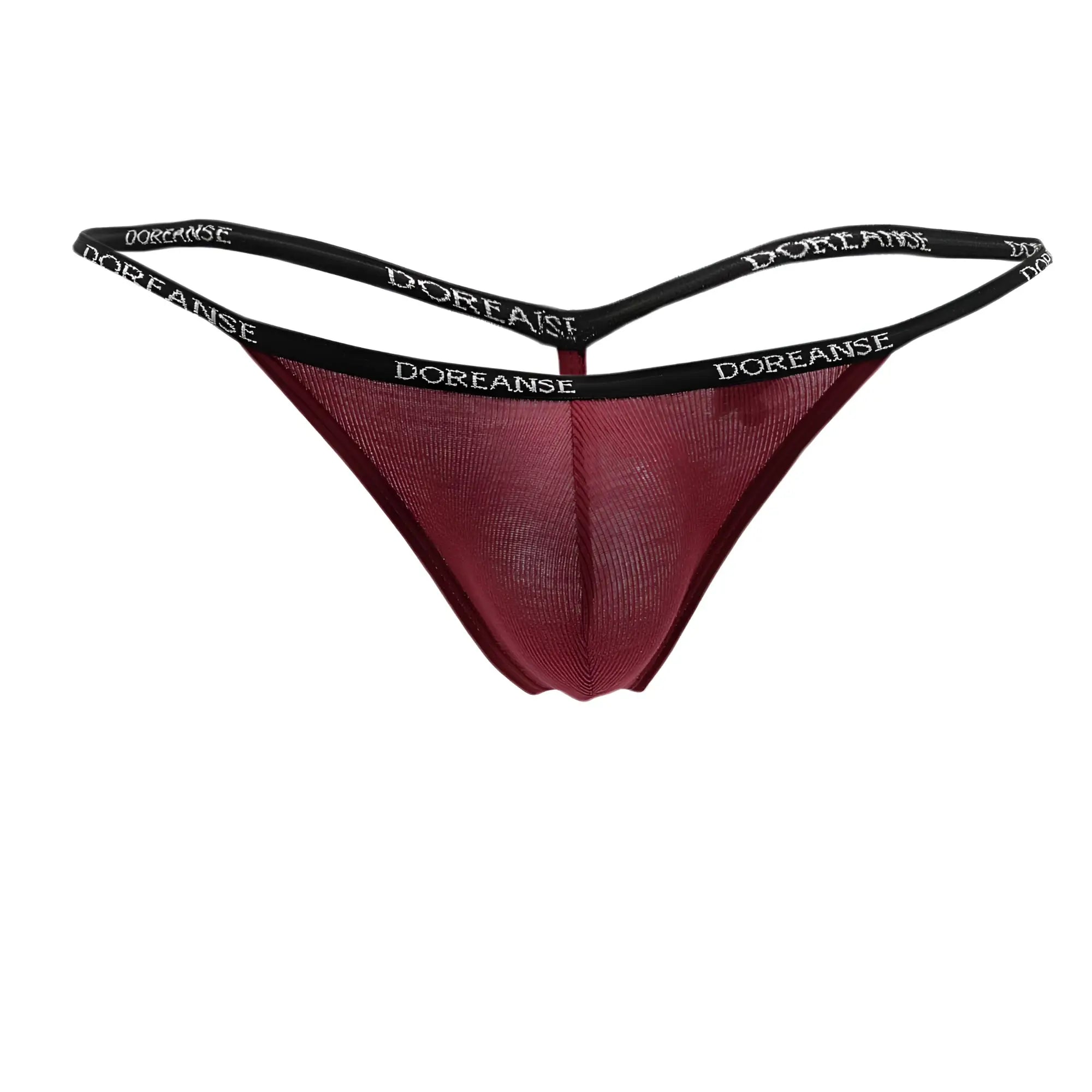 Maroon mesh thong with black elastic waistband featuring dorseanse branding from doreanse 1330-brd ribbed modal t-thong