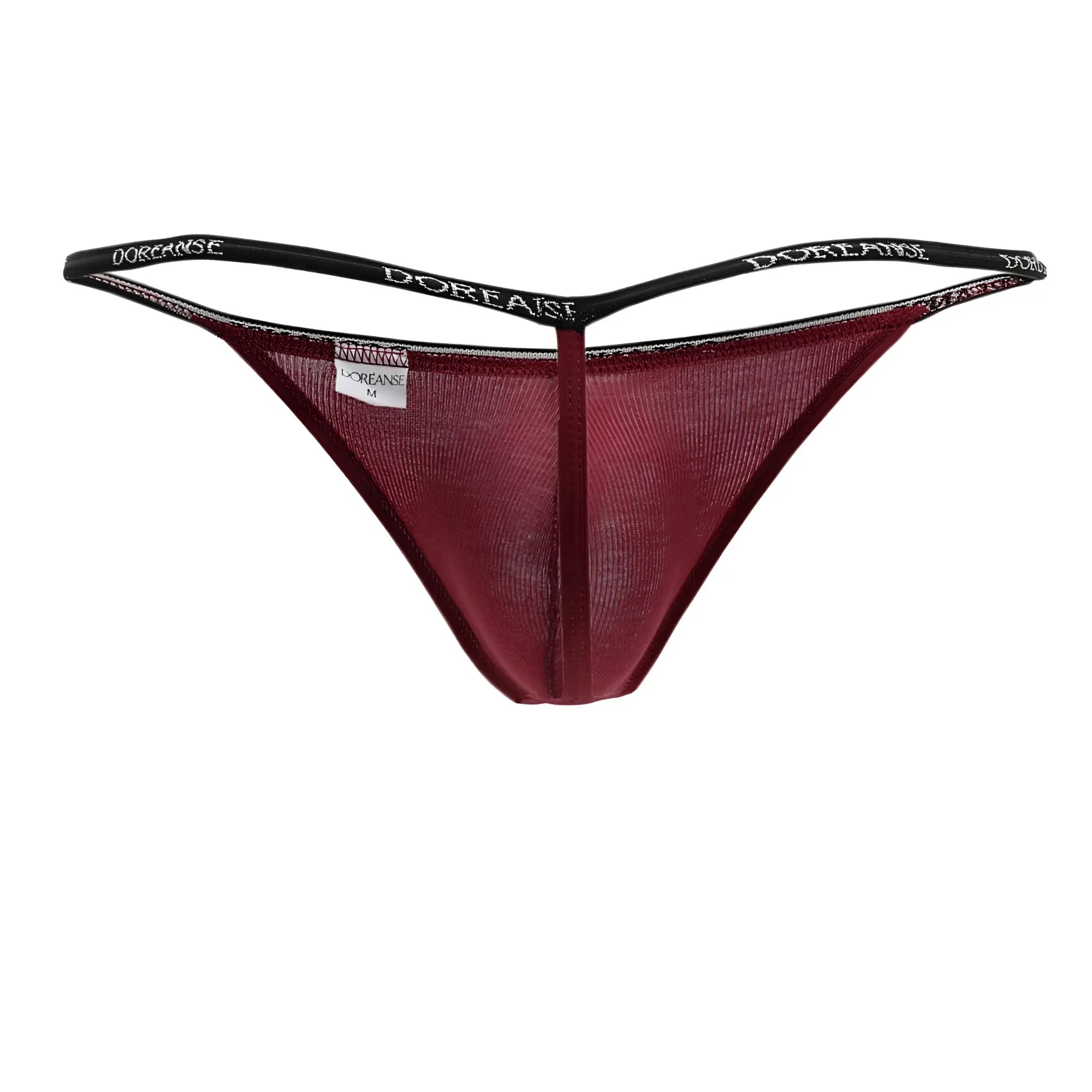Maroon ribbed modal mesh thong with black elastic waistband featuring doreanse branding front view