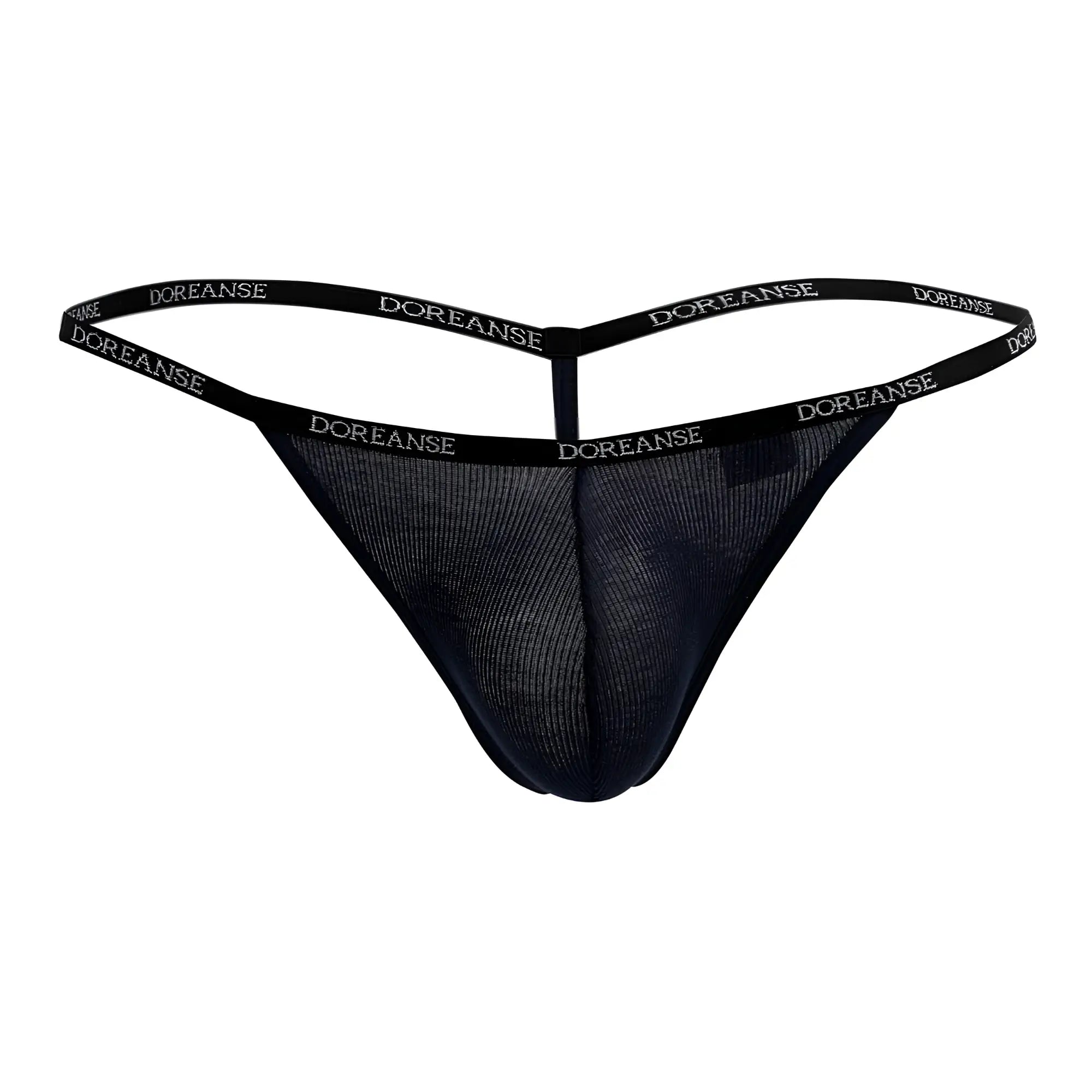 Navy black mesh thong with doreanse branding on elastic bands made of ribbed modal fabric front view