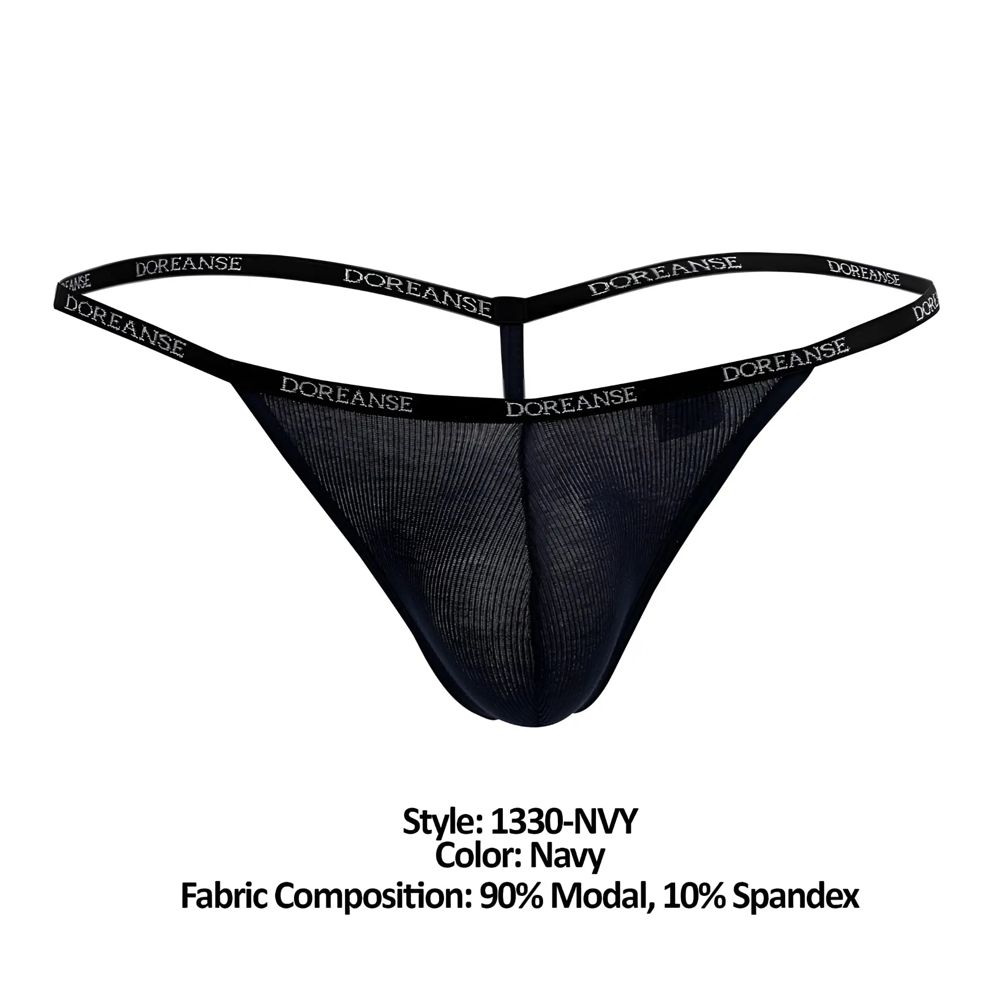 Black doreanse thong with mesh fabric and elastic waistband featuring white brand name print in navy ribbed modal material