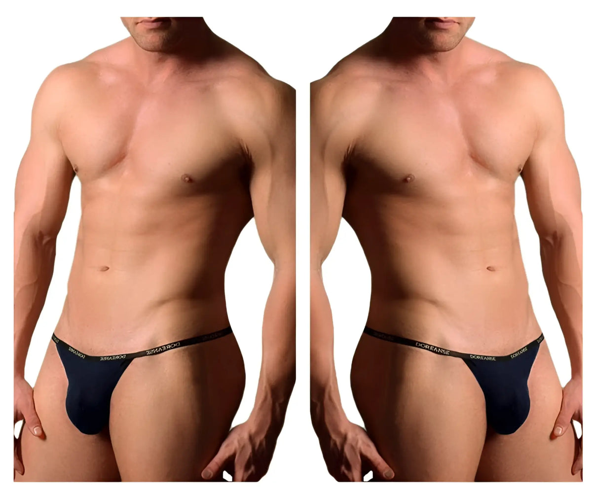 Navy blue doreanse 1330-nvy ribbed modal t-thong briefs with black waistband and white dssarnog lettering