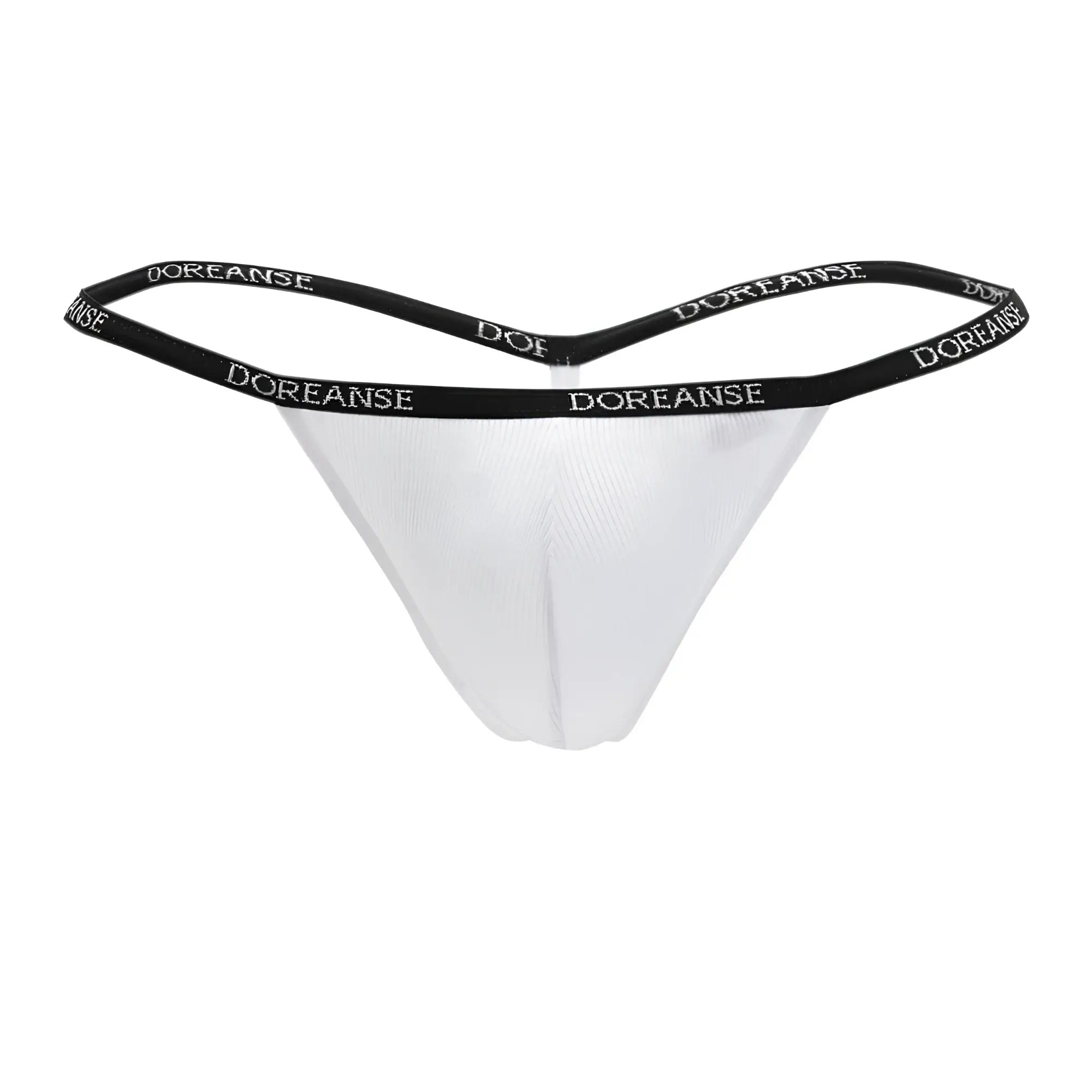 White doreanse 1330-wht ribbed modal t-thong with black elastic waistband featuring white brand lettering
