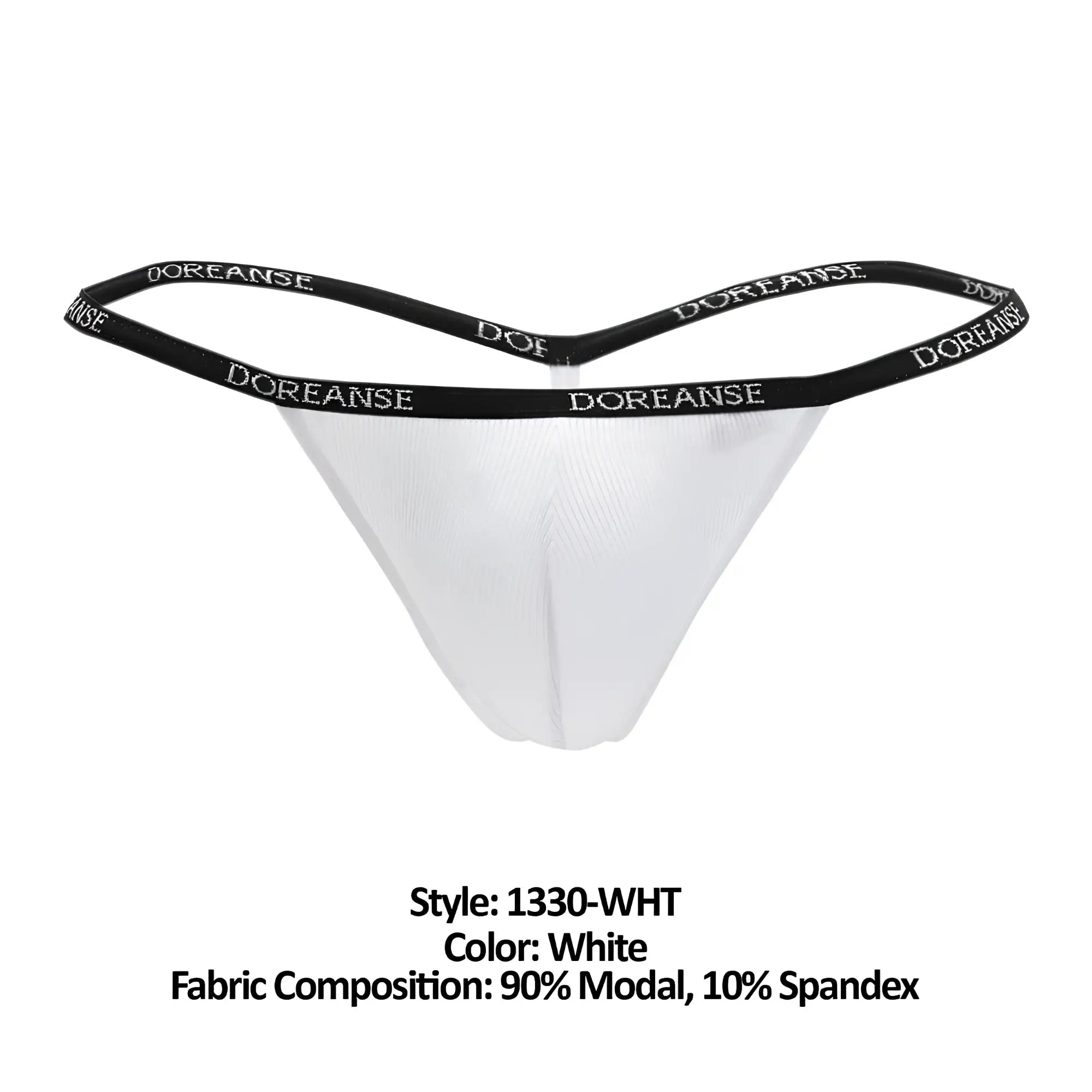 White doreanse 1330-wht ribbed modal thong with black elastic waistband and white brand lettering in front view