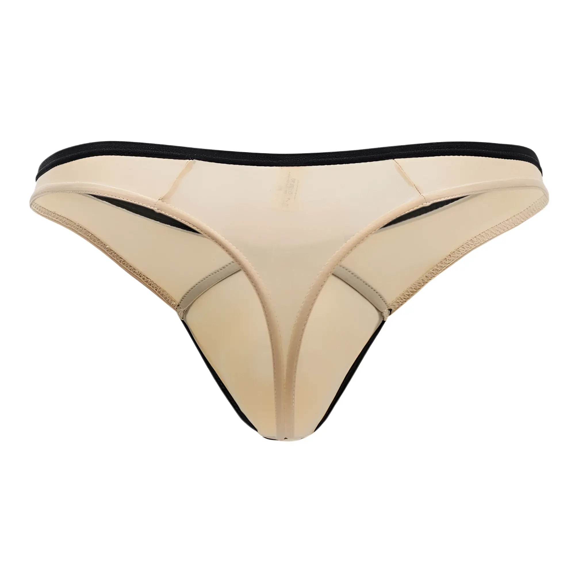 Tan doreanse 1332-tan loop thong featuring black trim and a subtle logo on the front in soft beige fabric