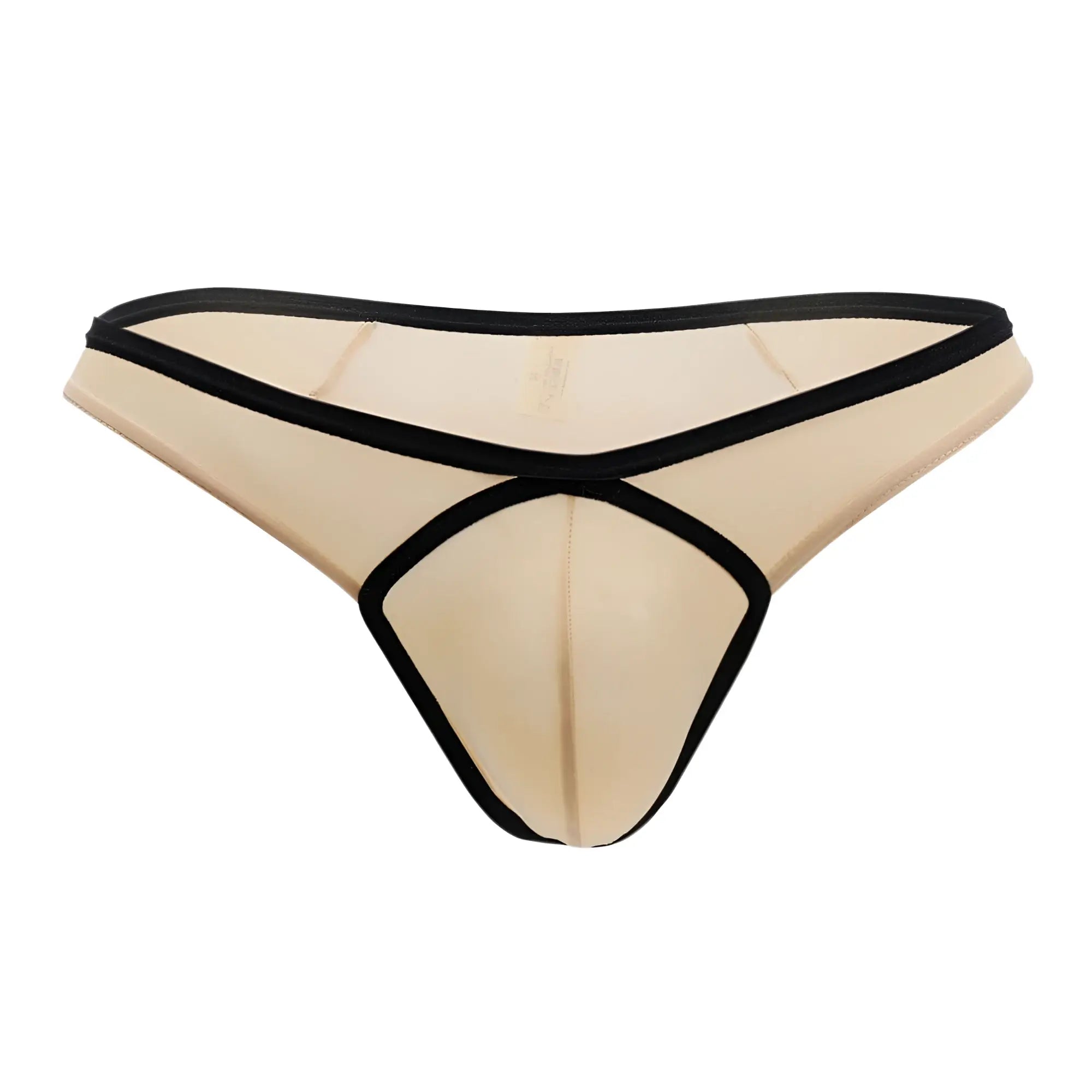 Beige sheer thong with black elastic trim and central front panel in tan doreanse 1332-tan loop thong style