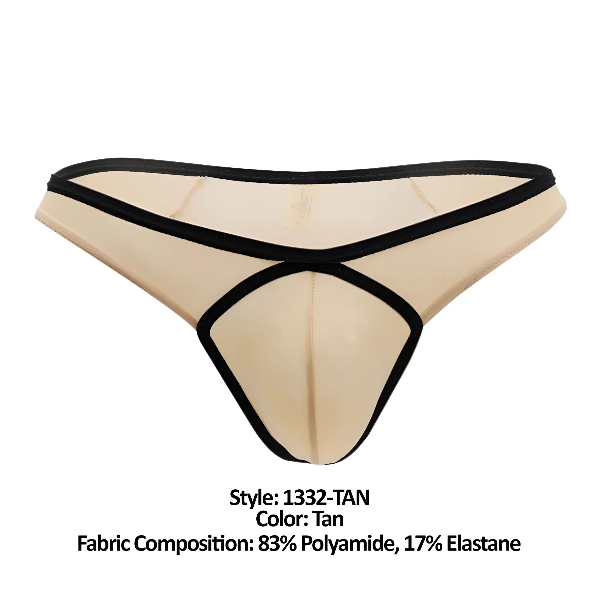 Doreanse 1332-tan loop thong in tan with black trim and crisscross design showing front view