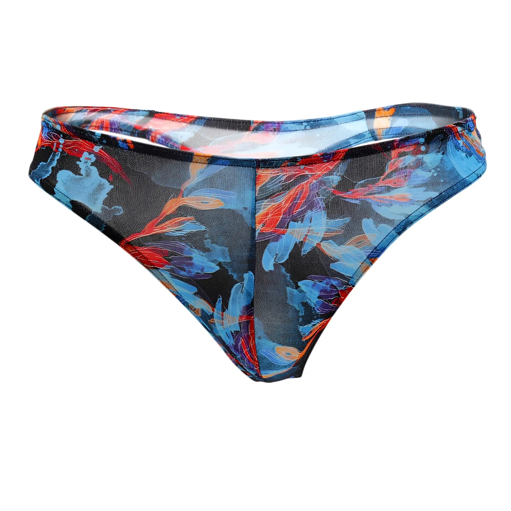Sheer high-waisted thong in bold blue and red abstract floral pattern on black fabric from doreanse 1341-prn deep sea thong color printed
