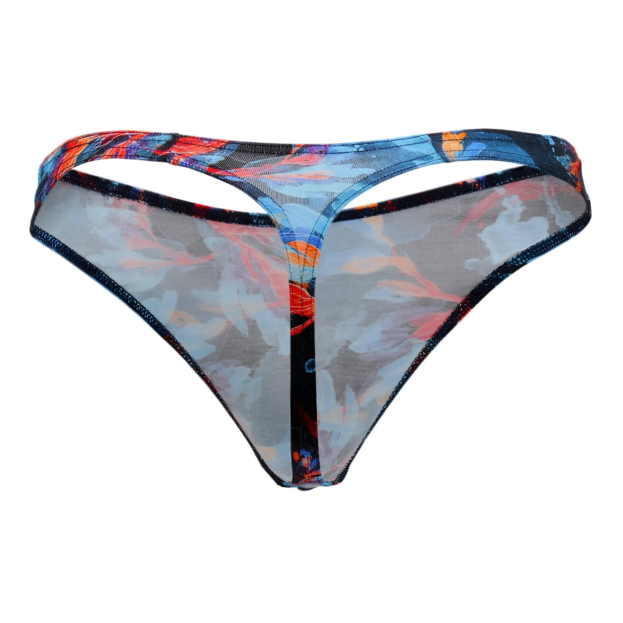 Doreanse 1341-prn deep sea thong sheer thong with vibrant blue orange red floral print on translucent mesh with black trim