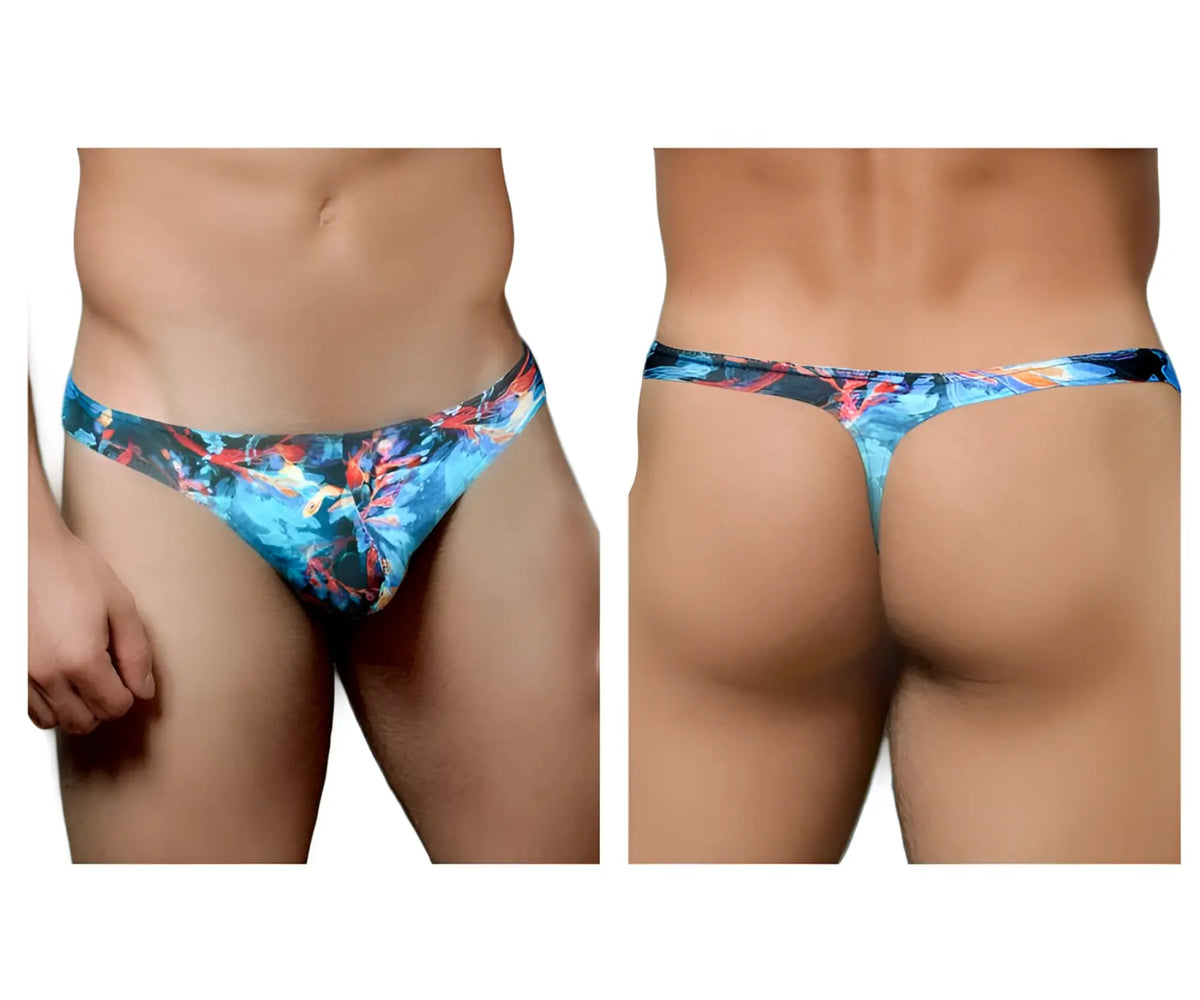 Vibrant blue and orange tropical leaf patterned stretchy fabric thong by Doreanse 1341-PRN deep sea thong color printed