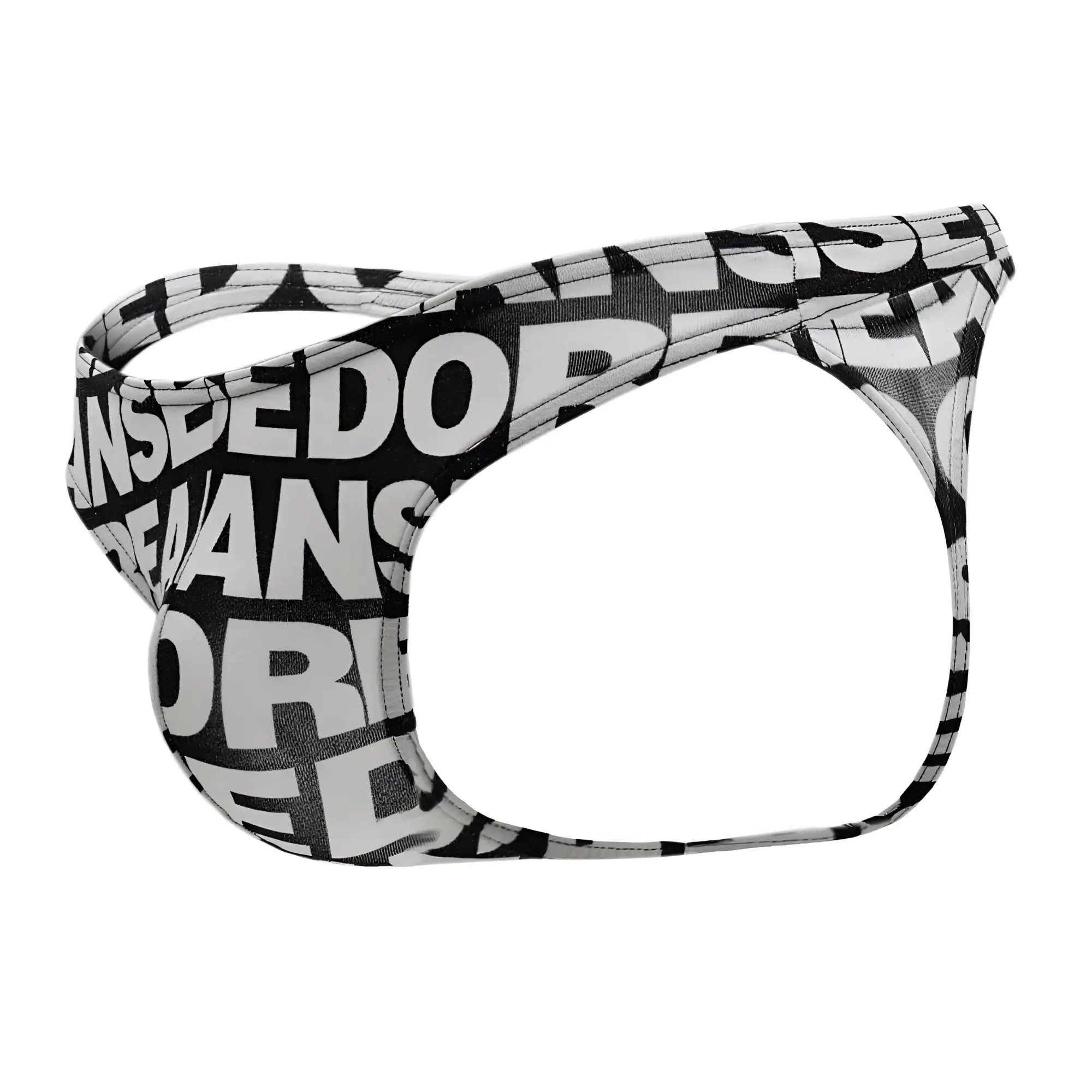 Black and white graphic patterned men’s briefs with bold overlapping text design doreanse 1369-prn big logo thong color printed