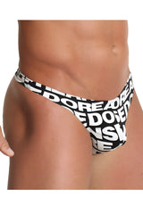 Black and white patterned doreanse 1369-prn big logo thong swim trunks with bold repeating dore lettering