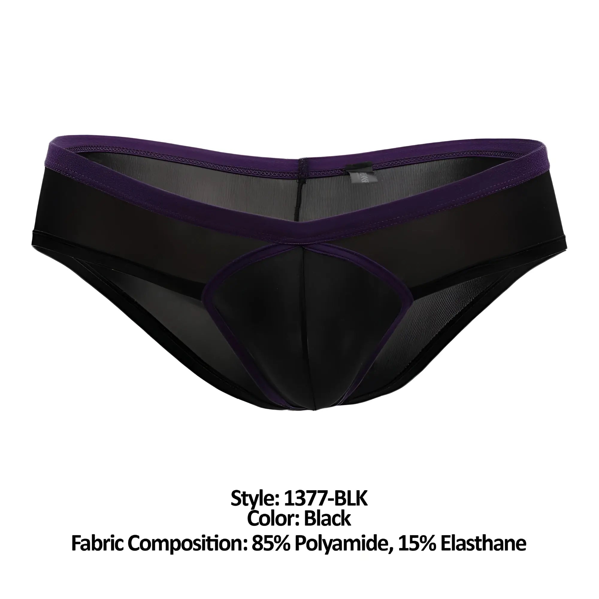 Doreanse 1377-BLK black sheer men’s boost cheeky brief with purple waistband and reinforced paneling shown from back