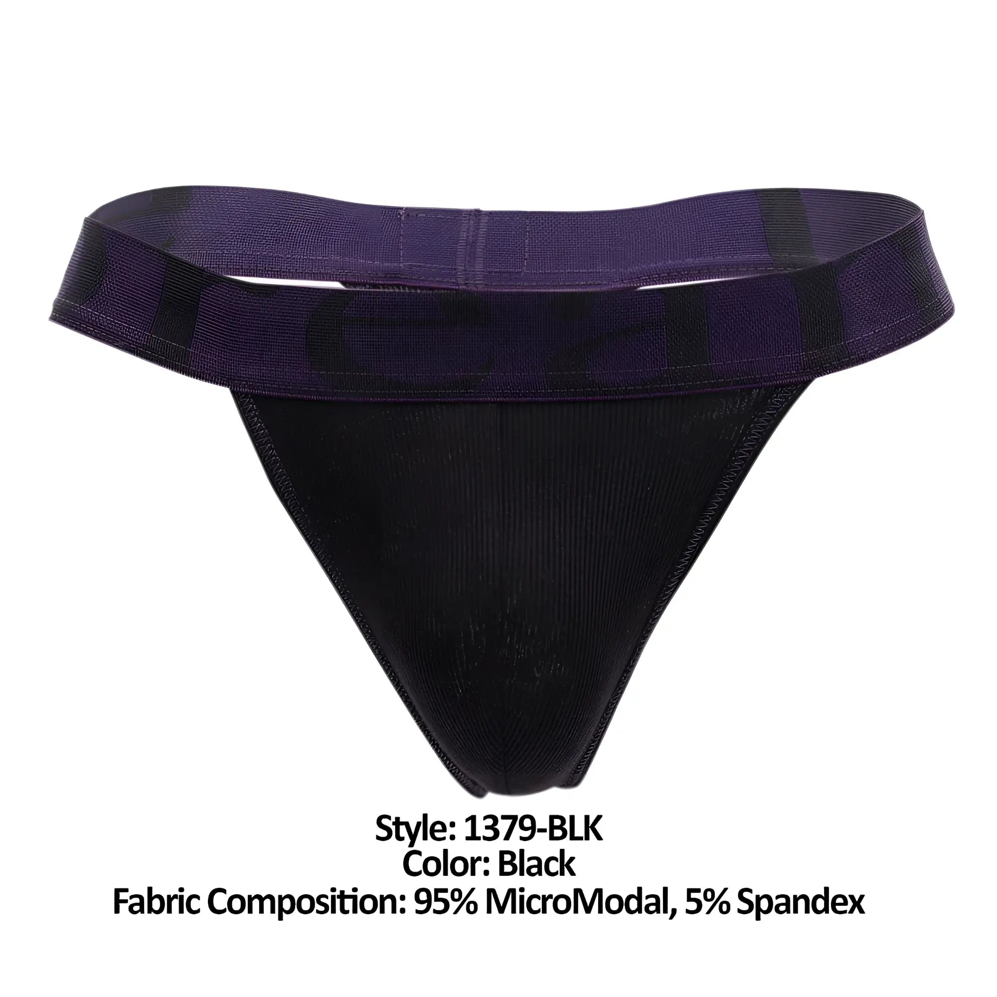 Black doreanse 1379 blk micromodal thong with purple elastic waistband and subtle black pattern front view