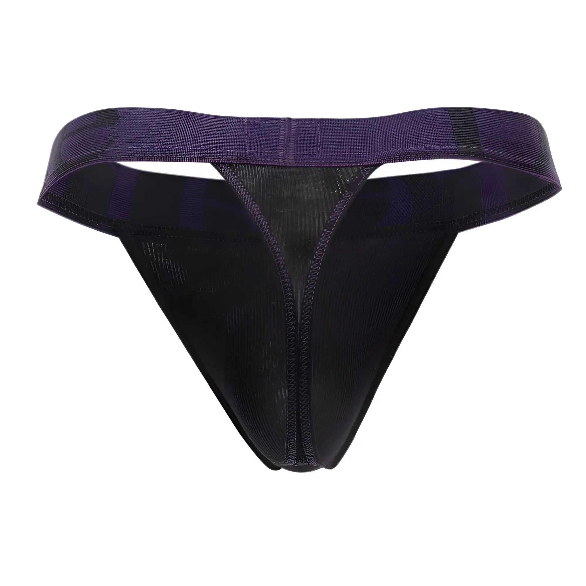 Doreanse 1379-BLK black micromodal thong with purple and black mesh front panel and elastic waistband