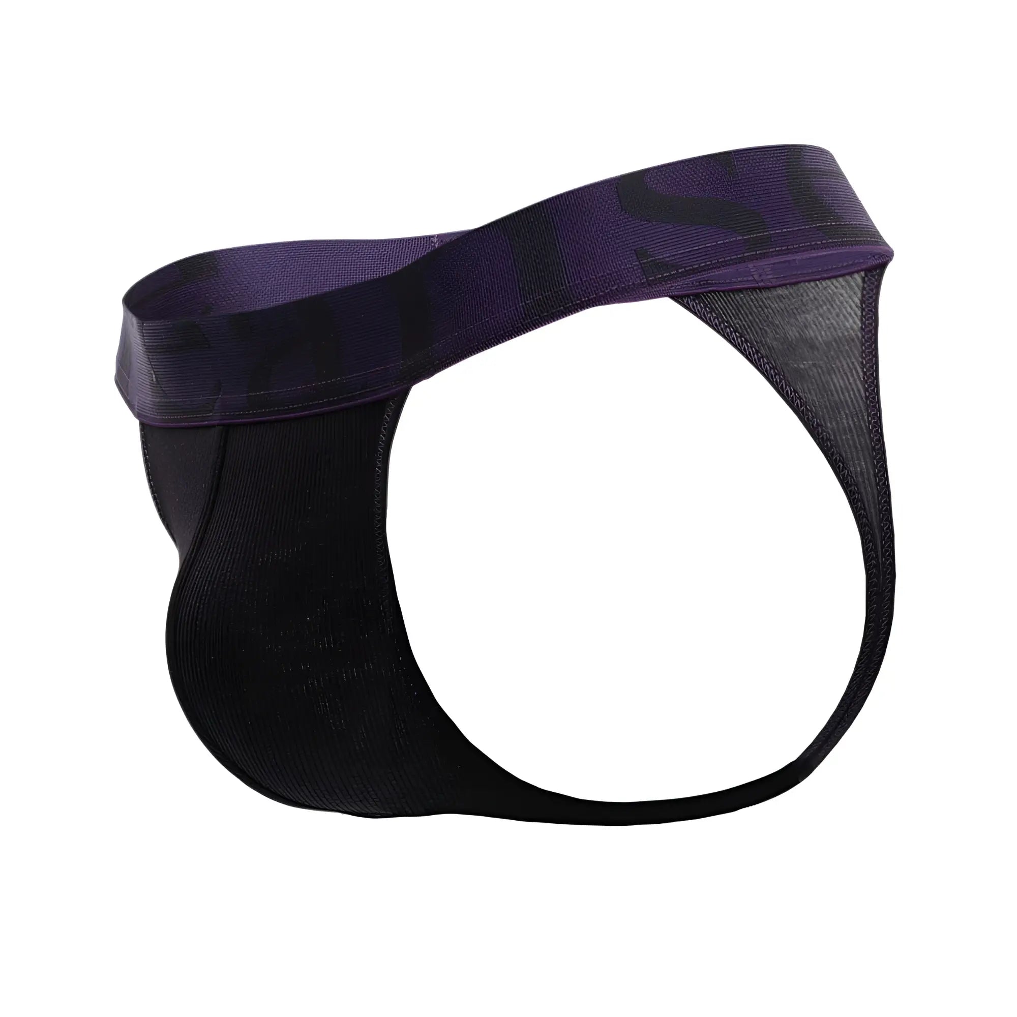 Doreanse 1379-BLK black and purple mesh micromodal thong with solid purple waistband front view