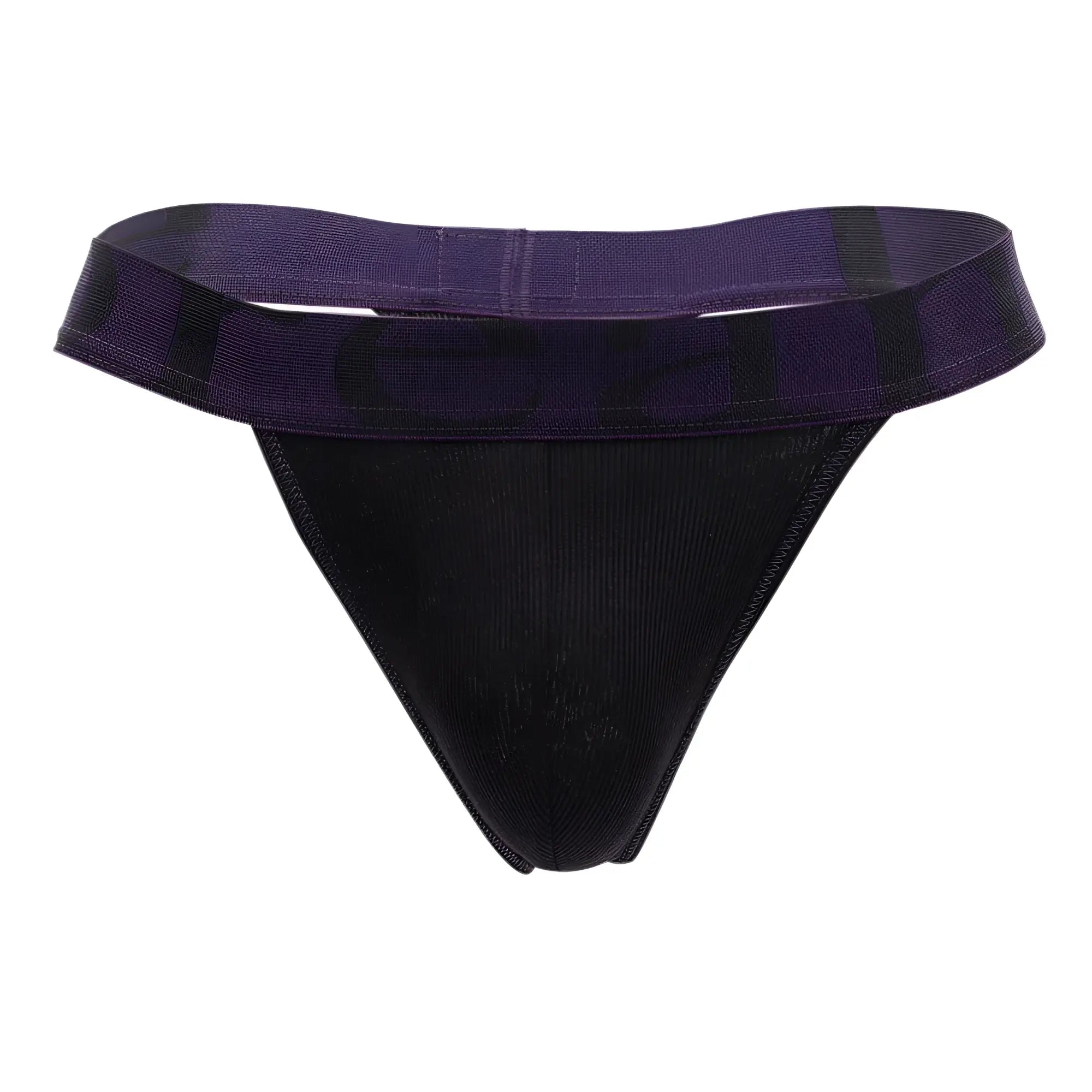 Black doreanse 1379-blk micromodal thong with textured fabric body and wide purple patterned waistband front view