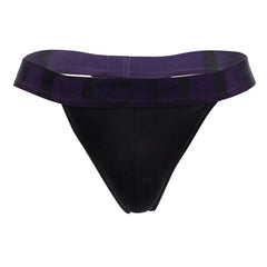 Black doreanse 1379-blk micromodal thong with textured fabric body and wide purple patterned waistband front view