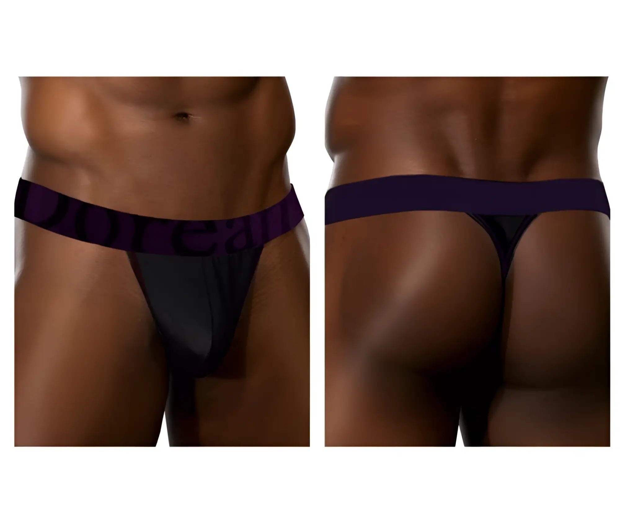 Black Doreanse 1379-BLK micromodal thong with wide dark purple elastic waistband and matching brand name lettering