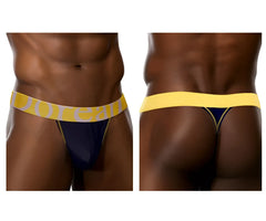 Navy blue doreanse 1379-NVY micromodal thong with bright yellow waistband and white doreen lettering visible from front