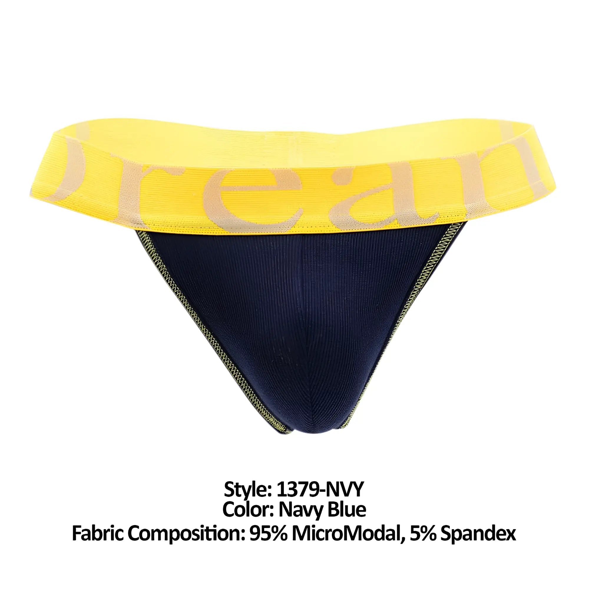 Doreanse 1379-NVY micromodal thong briefs in navy blue with bright yellow waistband and beige dream lettering