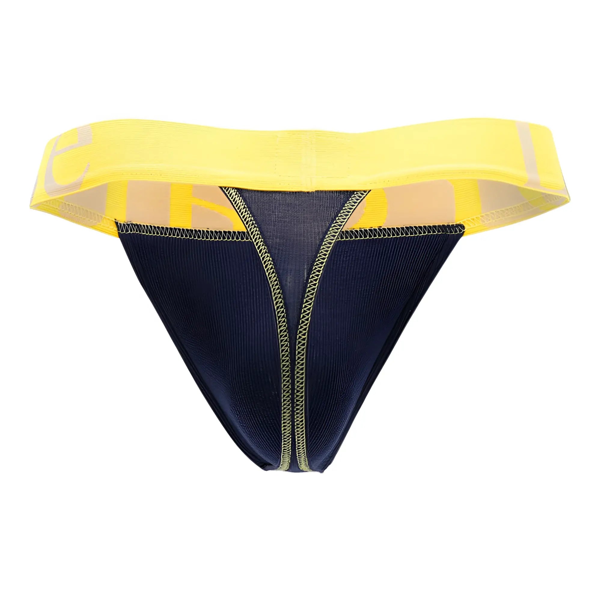 Navy blue and yellow doreanse 1379-NVY micromodal athletic thong with wide elastic waistband and gray logo lettering