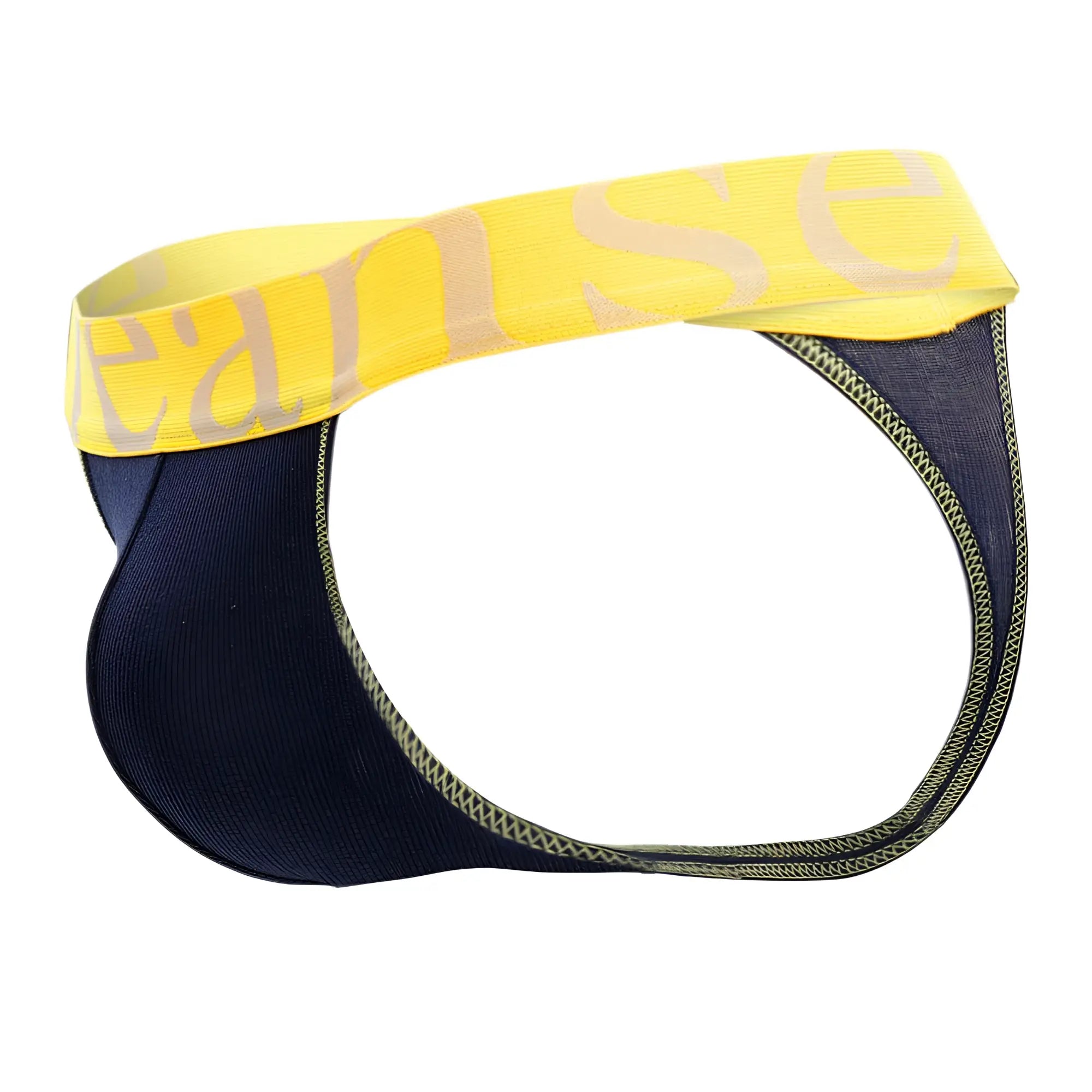 Navy blue and yellow Doreanse 1379-NVY micromodal athletic thong with bold eans logo on the waistband