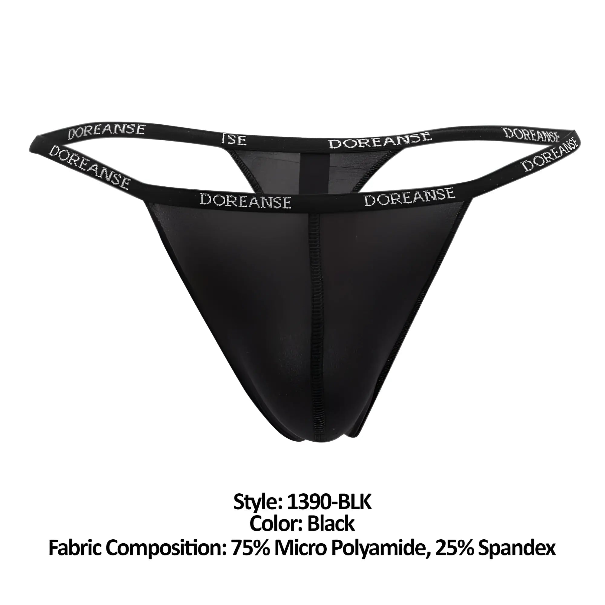 Black doreanse 1390-blk aire thong with sheer mesh panel and elastic waistband featuring white brand name